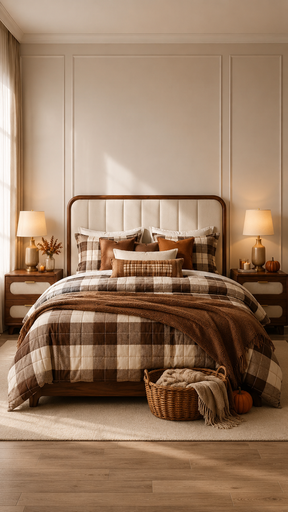 Plaid fall bedding set with brown and cream checks, rust pillows, caramel accents, thick brown throw, woven basket, pumpkins, warm wood bed frame, and farmhouse bedroom decor