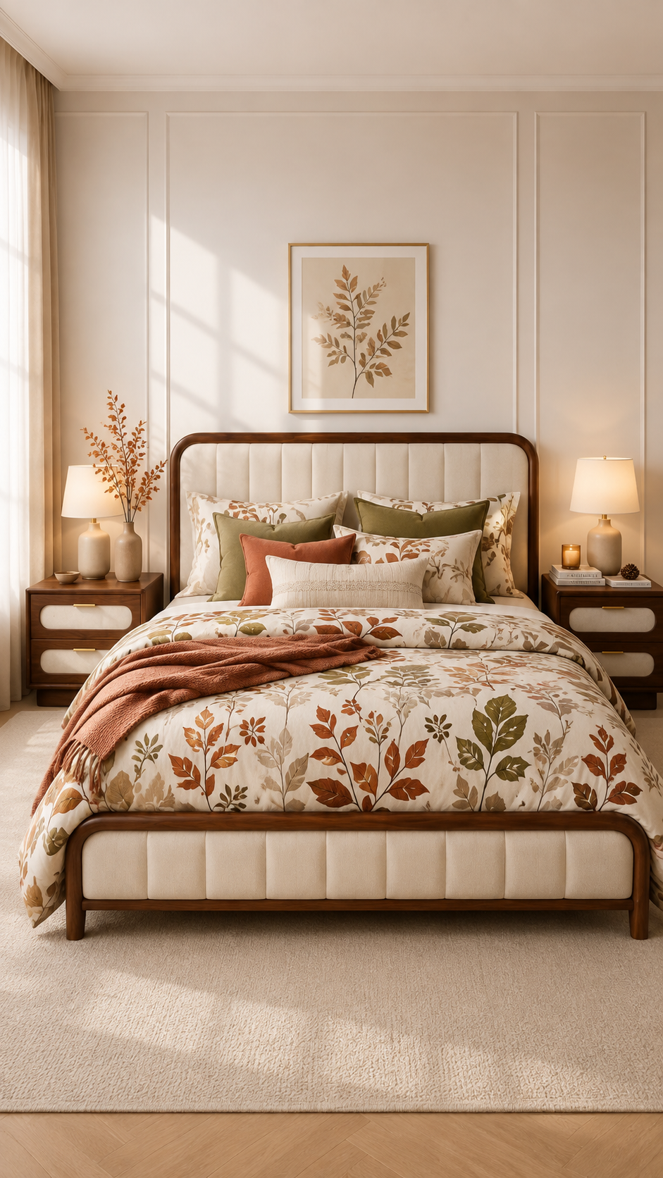Leafy fall bedding set with ivory background, olive green pillows, terracotta accent pillow, cream lumbar cushion, rust throw, botanical artwork, and walnut bedroom furniture