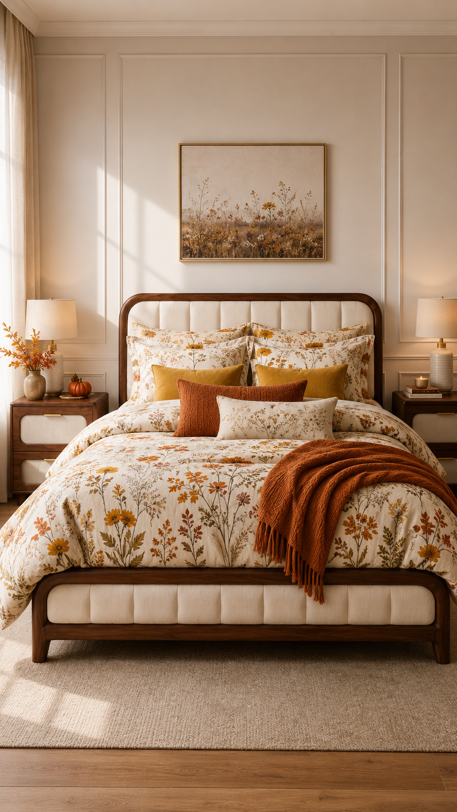 Golden floral fall bedding set with ivory background, mustard pillows, rust cushion, burnt orange throw, meadow artwork, warm wood bed frame, and cozy autumn bedroom