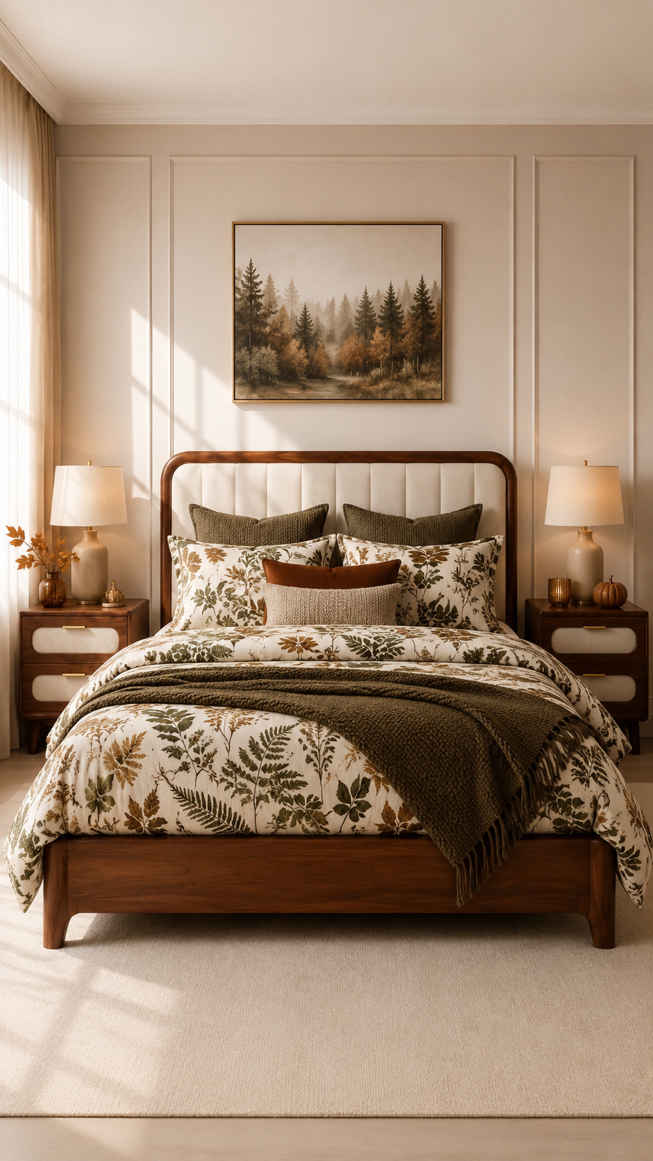 Olive green botanical fall bedding set with fern print, moss green pillows, rust cushion, olive throw, woodland artwork, warm wood furniture, and cream bedroom decor