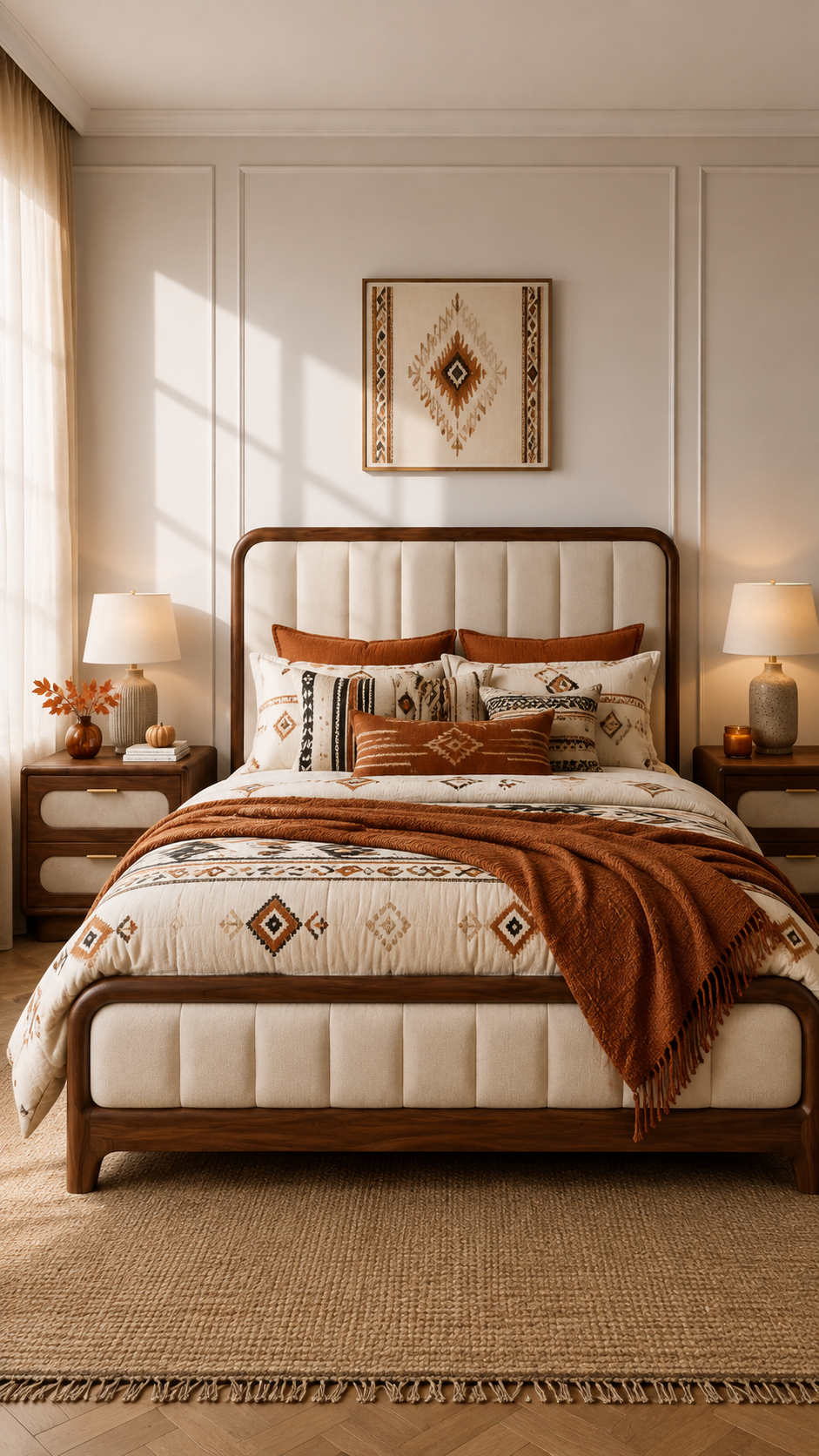 Southwestern fall bedding set with ivory base, rust geometric diamonds, black and brown accents, terracotta pillows, burnt orange throw, and boho bedroom styling