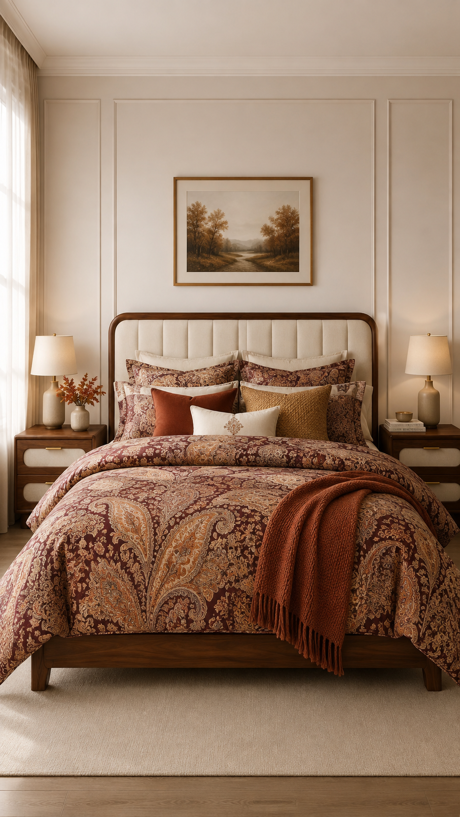 Paisley fall bedding set with burgundy, rust, burnt orange, cinnamon, gold, and beige pattern, cream pillows, rust throw, autumn artwork, and walnut bed frame