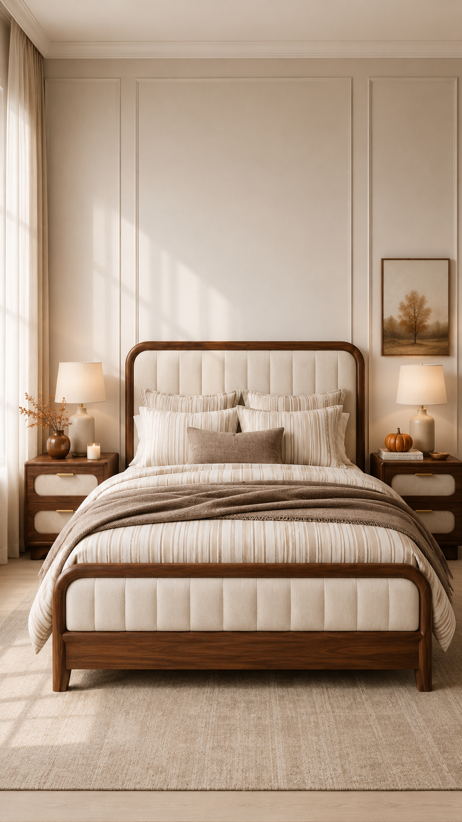 Neutral fall bedding set with cream and beige striped bedding, taupe pillow, brown throw, walnut bed frame, pumpkin decor, autumn branches, and minimalist bedroom styling