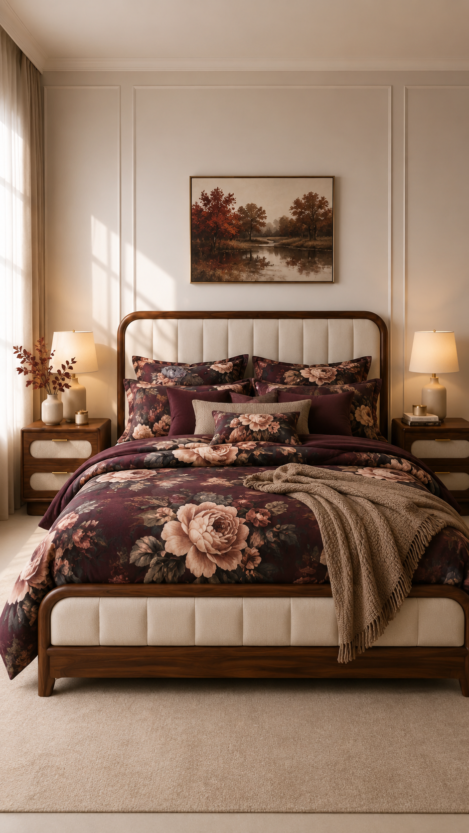 Burgundy floral fall bedding set with plum comforter, blush flowers, burgundy pillows, taupe knitted throw, autumn landscape art, and luxury bedroom styling