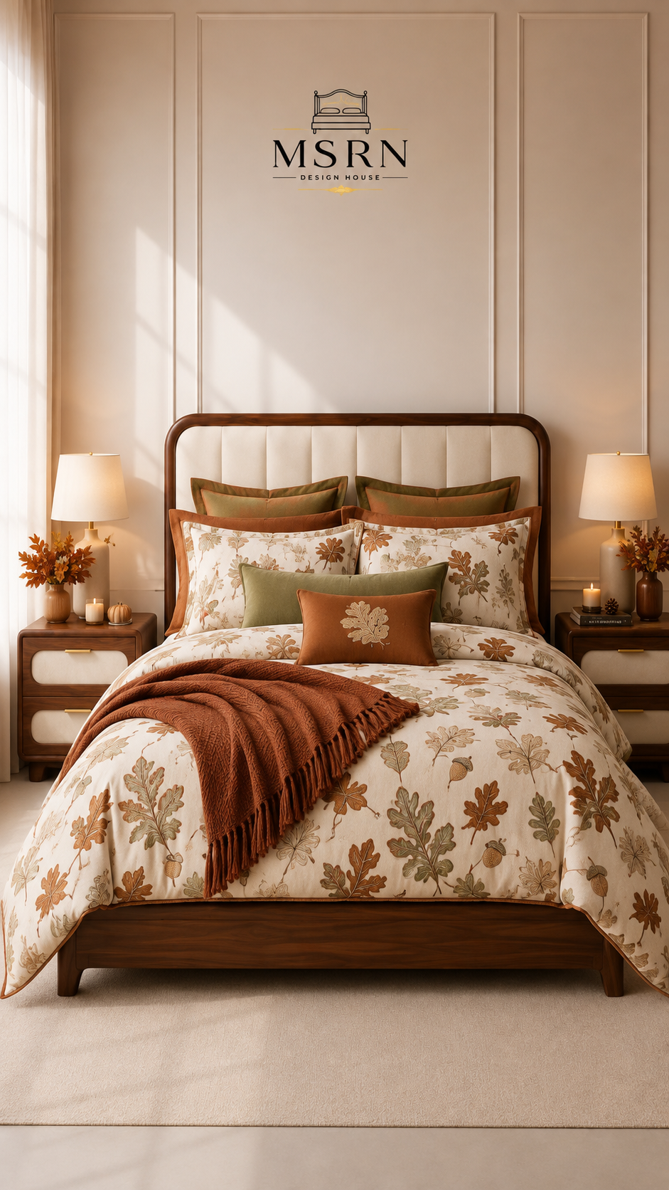 Woodland fall bedding set with oak leaves, acorns, olive green pillows, terracotta accents, rust throw, cream upholstered bed, and warm wood bedroom decor
