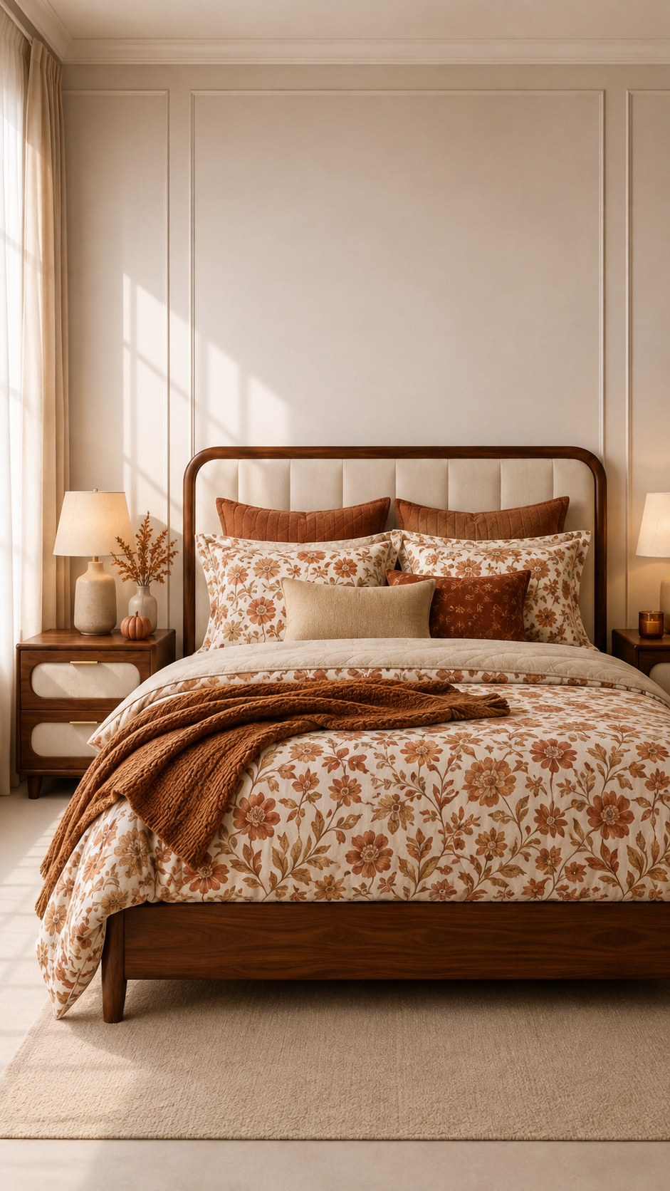 Soft floral fall bedding set with cream base, burnt orange flowers, rust quilted pillows, cream lumbar pillow, cinnamon brown throw, wood bed frame, and warm bedroom decor