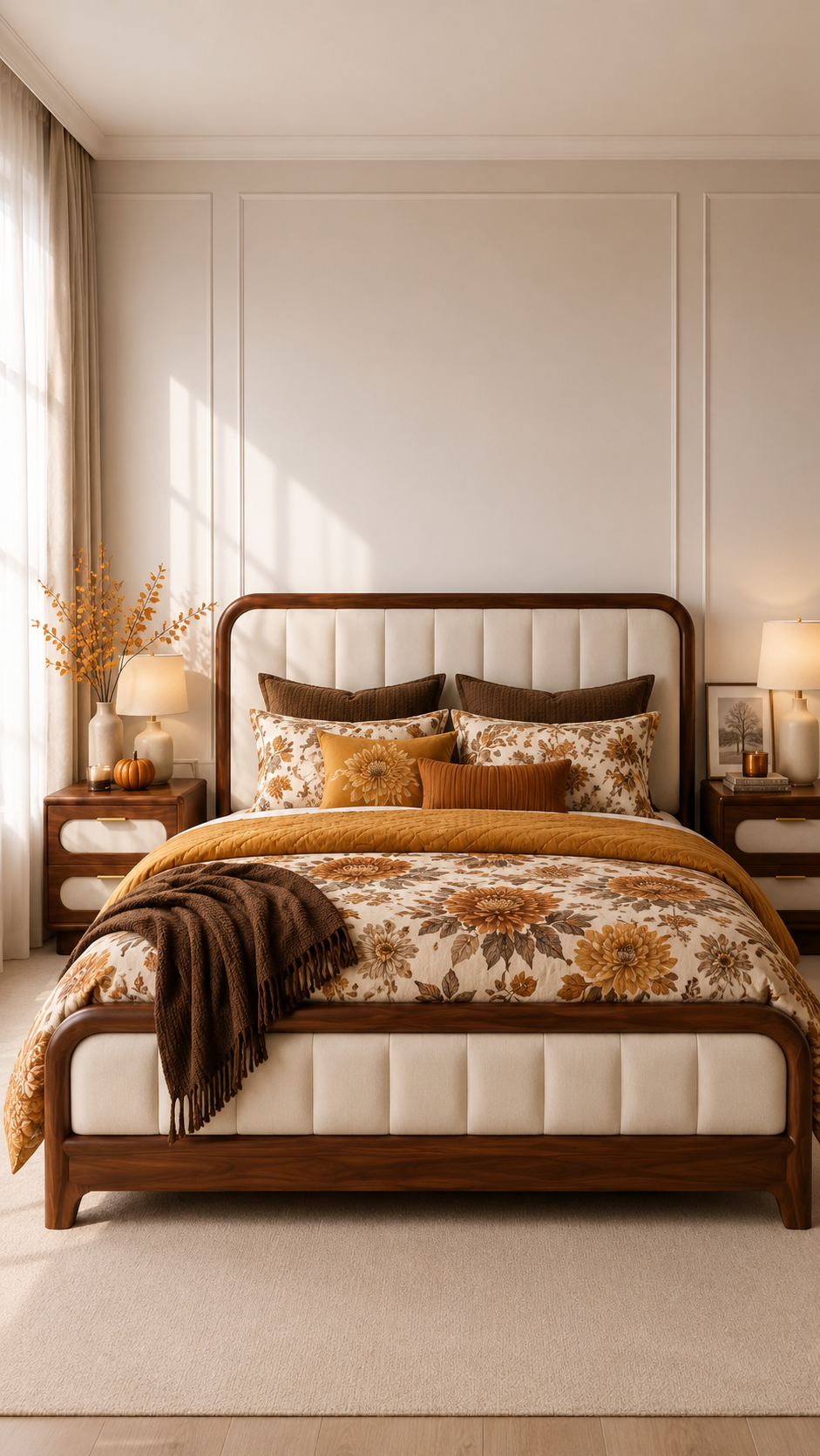 Warm floral fall bedding set with cream comforter, golden ochre flowers, caramel and rust accents, brown pillows, mustard cushion, quilted throw, and walnut bed frame