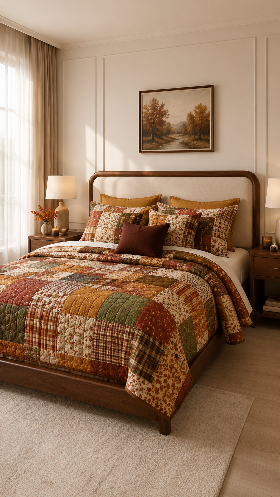 Patchwork fall bedding set with rust, burnt orange, mustard, olive green, cream, brown, and burgundy quilt, autumn artwork, wood bed frame, and cozy bedroom styling