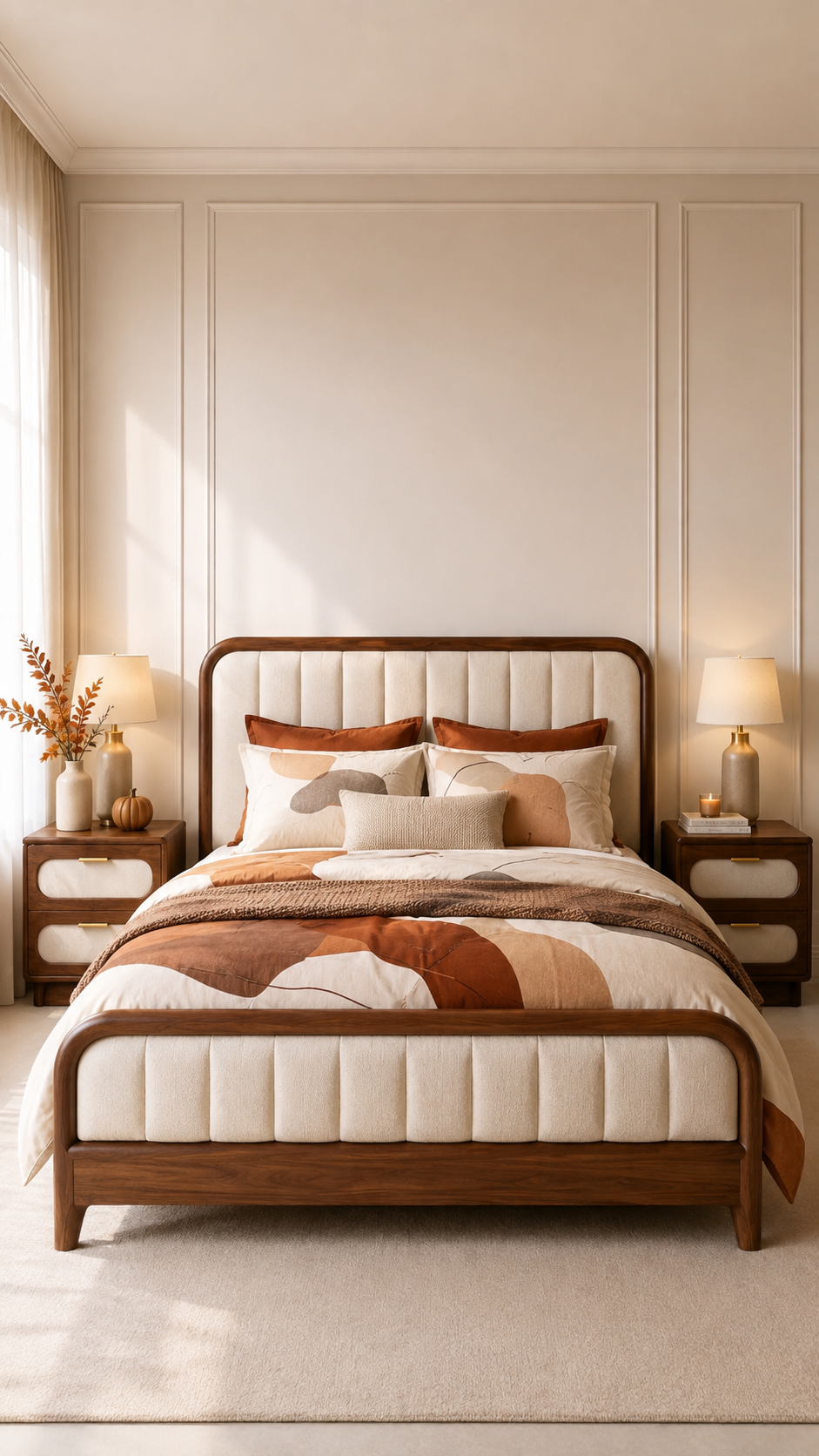 Modern fall bedding set with abstract rust, terracotta, caramel, taupe, and brown color-block pattern, cream lumbar pillow, brown throw, and walnut bed frame