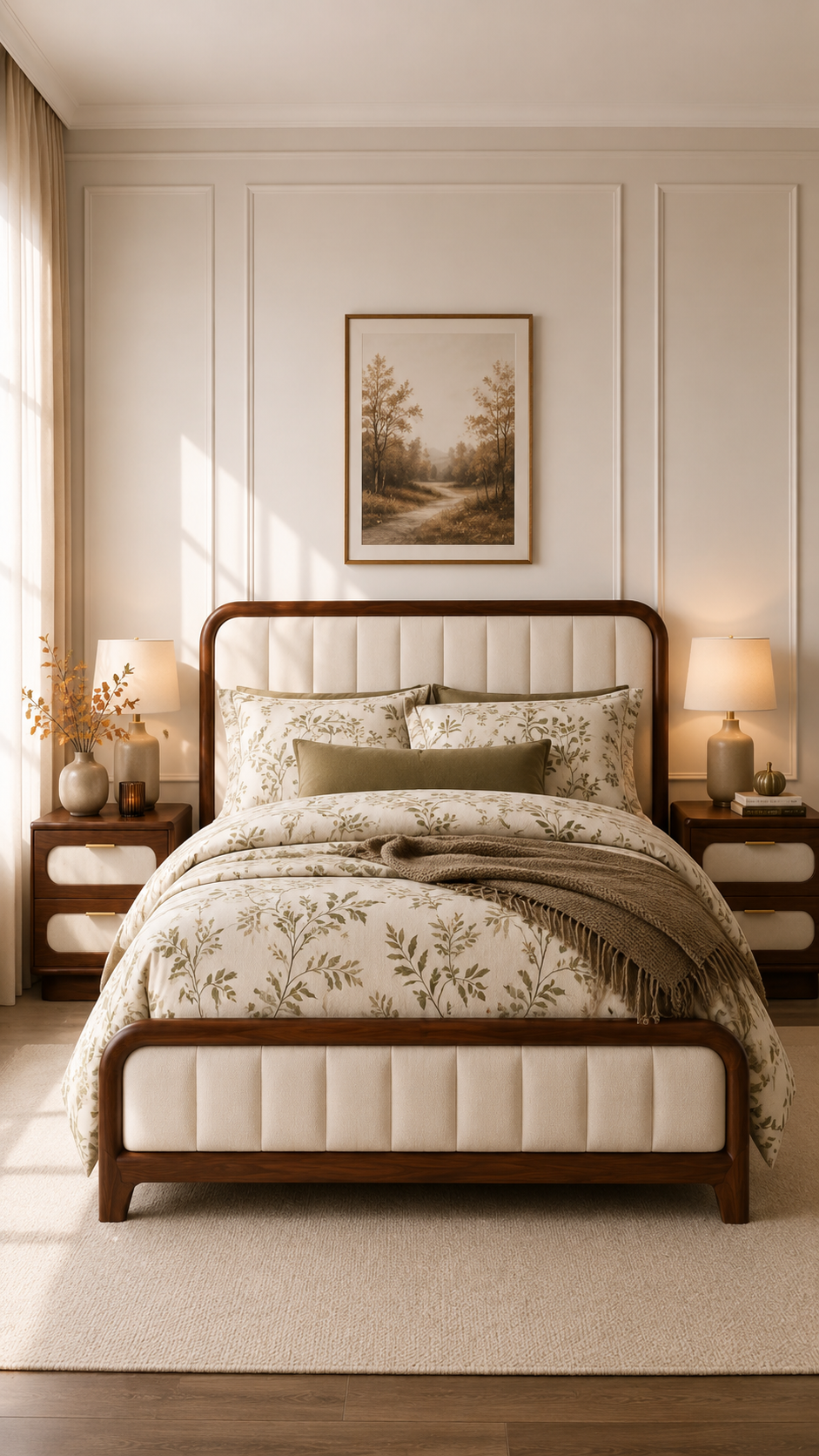 Botanical fall bedding set with ivory bedding, sage green leaf pattern, olive lumbar pillow, taupe throw, dark wood bed frame, framed landscape art, and neutral bedroom decor
