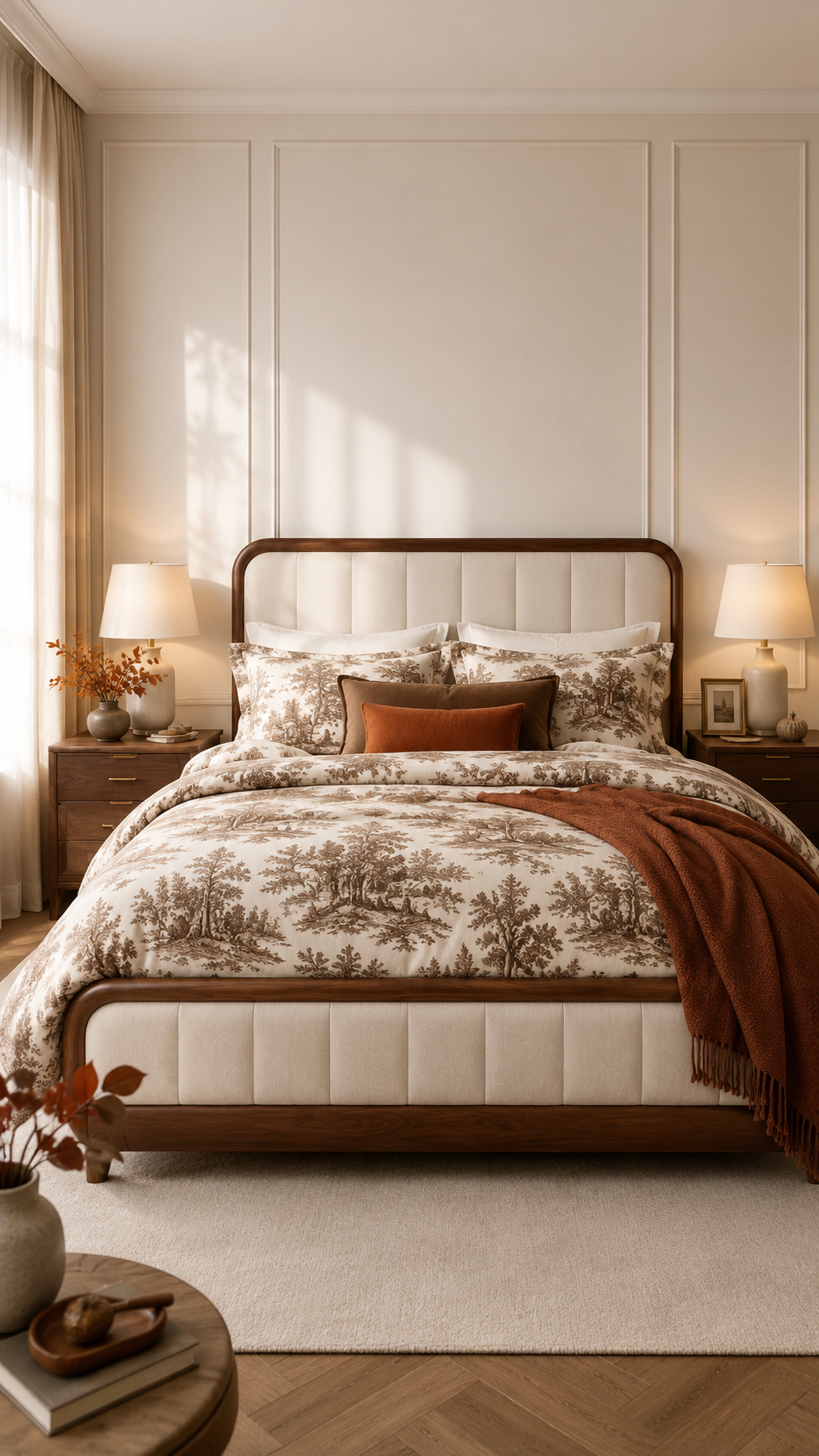 Elegant fall bedding set with cream and brown toile bedding, chocolate pillow, burnt orange lumbar pillow, rust throw, dark wood bed frame, and autumn branches