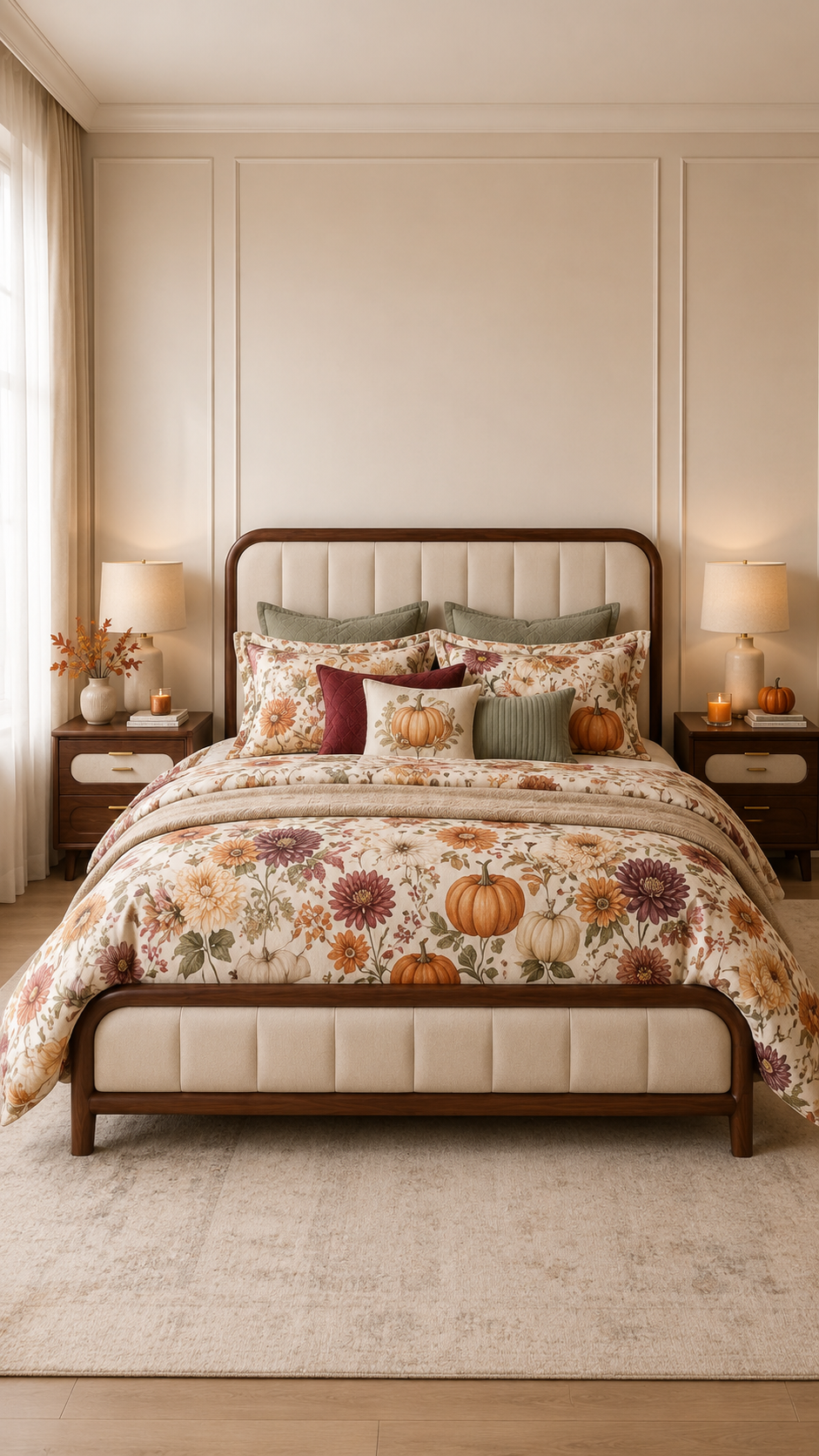 Fall bedding set ideas with cream floral bedding, pumpkin motifs, sage pillows, burgundy accents, beige throw, dark wood bed frame, and warm autumn bedroom decor