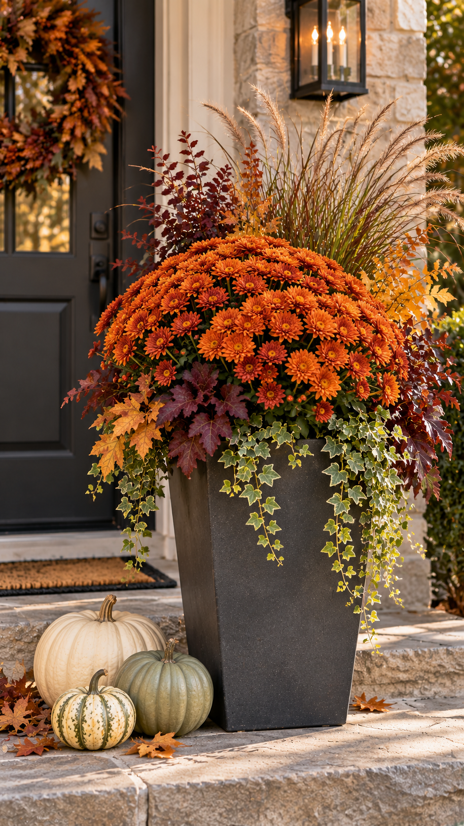 Fall outdoor planter with charcoal gray container, burnt orange chrysanthemums, tall grasses, burgundy branches, copper foliage, variegated ivy, ivory pumpkins, sage pumpkins, striped pumpkins, black door, wreath, and stone entrance