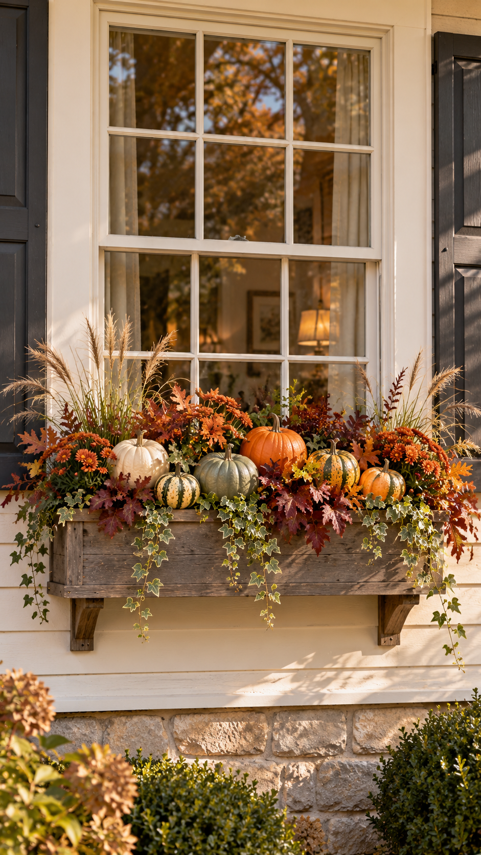 Fall outdoor window box planter with pumpkins, gourds, orange chrysanthemums, ornamental grasses, autumn branches, burgundy foliage, trailing ivy, black shutters, cream siding, and farmhouse exterior