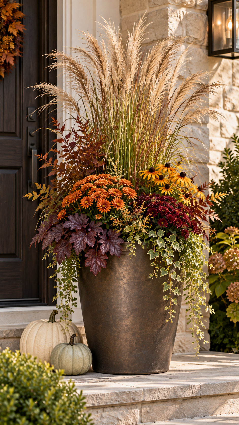 Professional fall outdoor planter with dark bronze pot, tall ornamental grass, orange chrysanthemums, burgundy mums, yellow black eyed Susans, copper foliage, ivy, pumpkins, wooden door, wreath, and porch lantern