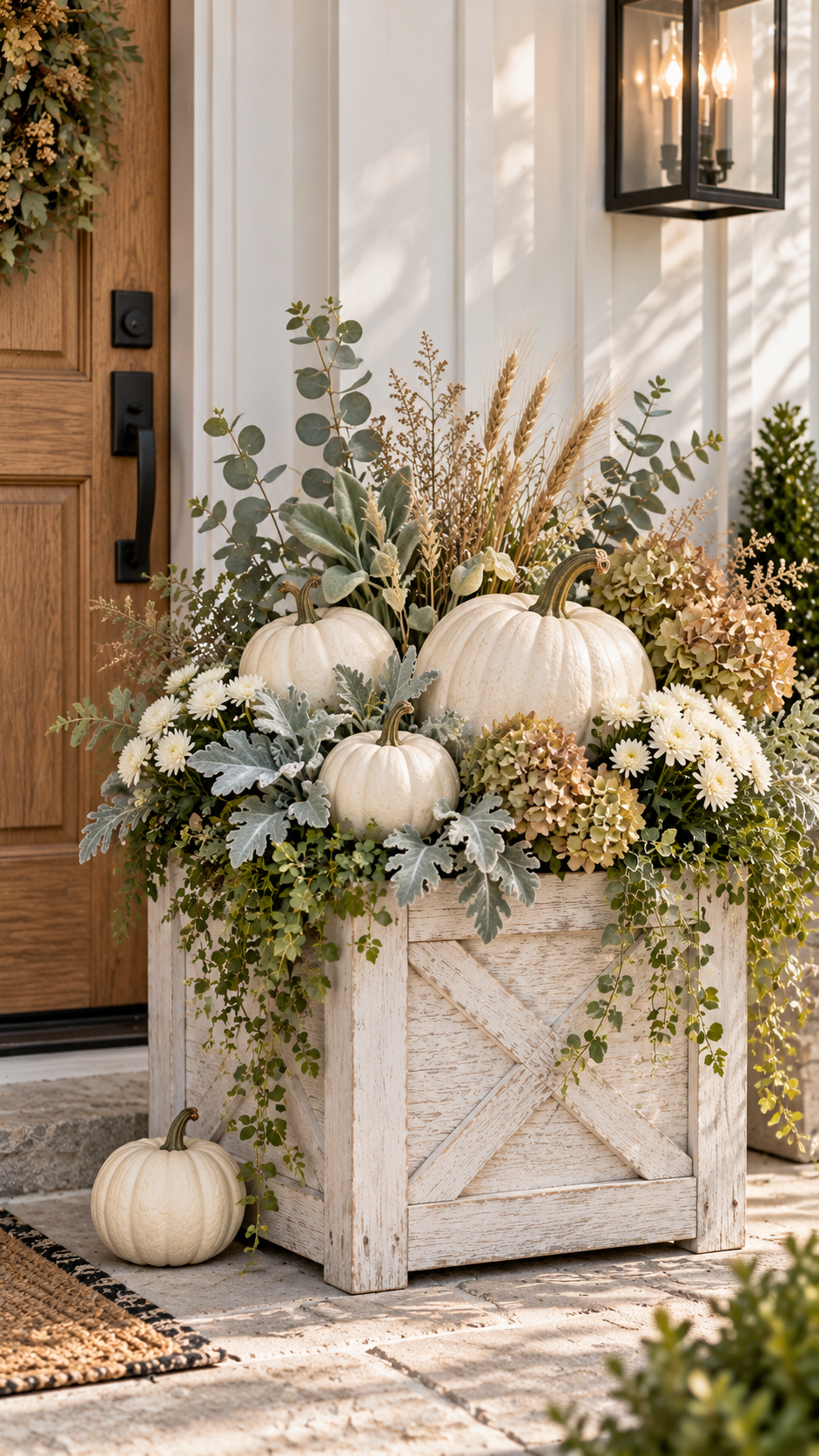 Neutral farmhouse fall outdoor planter with whitewashed wooden box, white pumpkins, white chrysanthemums, dried hydrangeas, dusty miller, eucalyptus, wheat, branches, trailing greenery, lantern, and wooden door