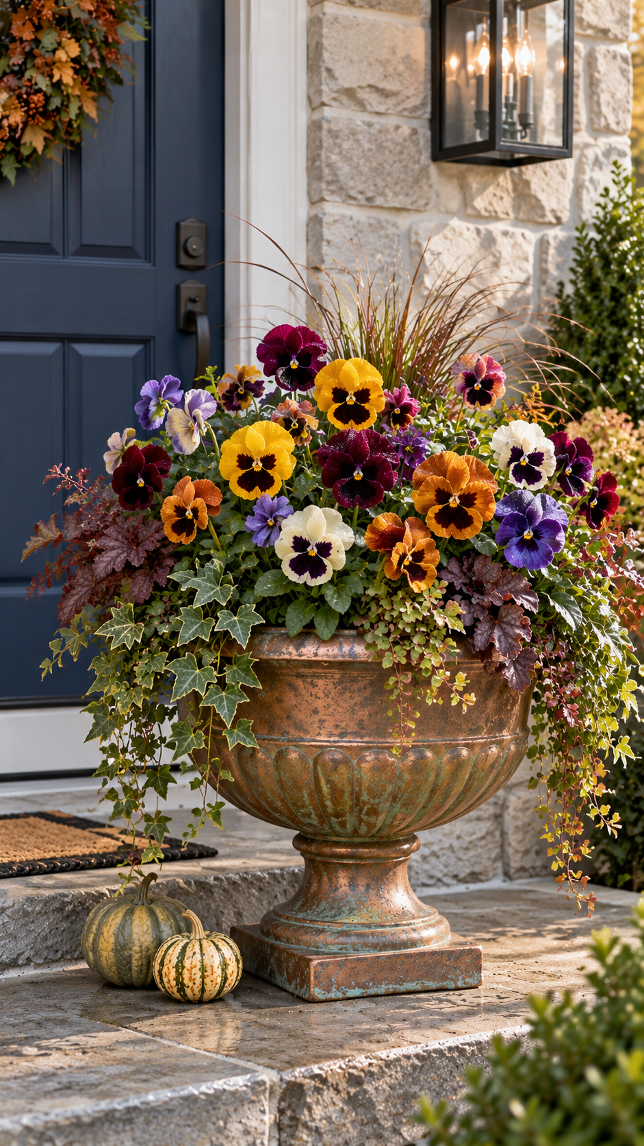 Colorful fall outdoor planter with copper urn, yellow pansies, orange pansies, purple pansies, white pansies, burgundy foliage, ornamental grasses, trailing ivy, gourds, navy blue door, stone steps, and autumn wreath