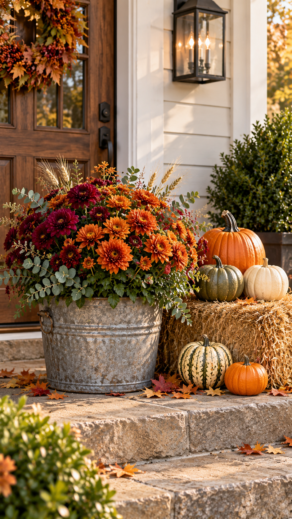Farmhouse fall outdoor planter with galvanized metal tub, orange chrysanthemums, burgundy mums, eucalyptus, wheat, pumpkins, straw bale, fall leaves, wooden door, autumn wreath, stone steps, and lantern