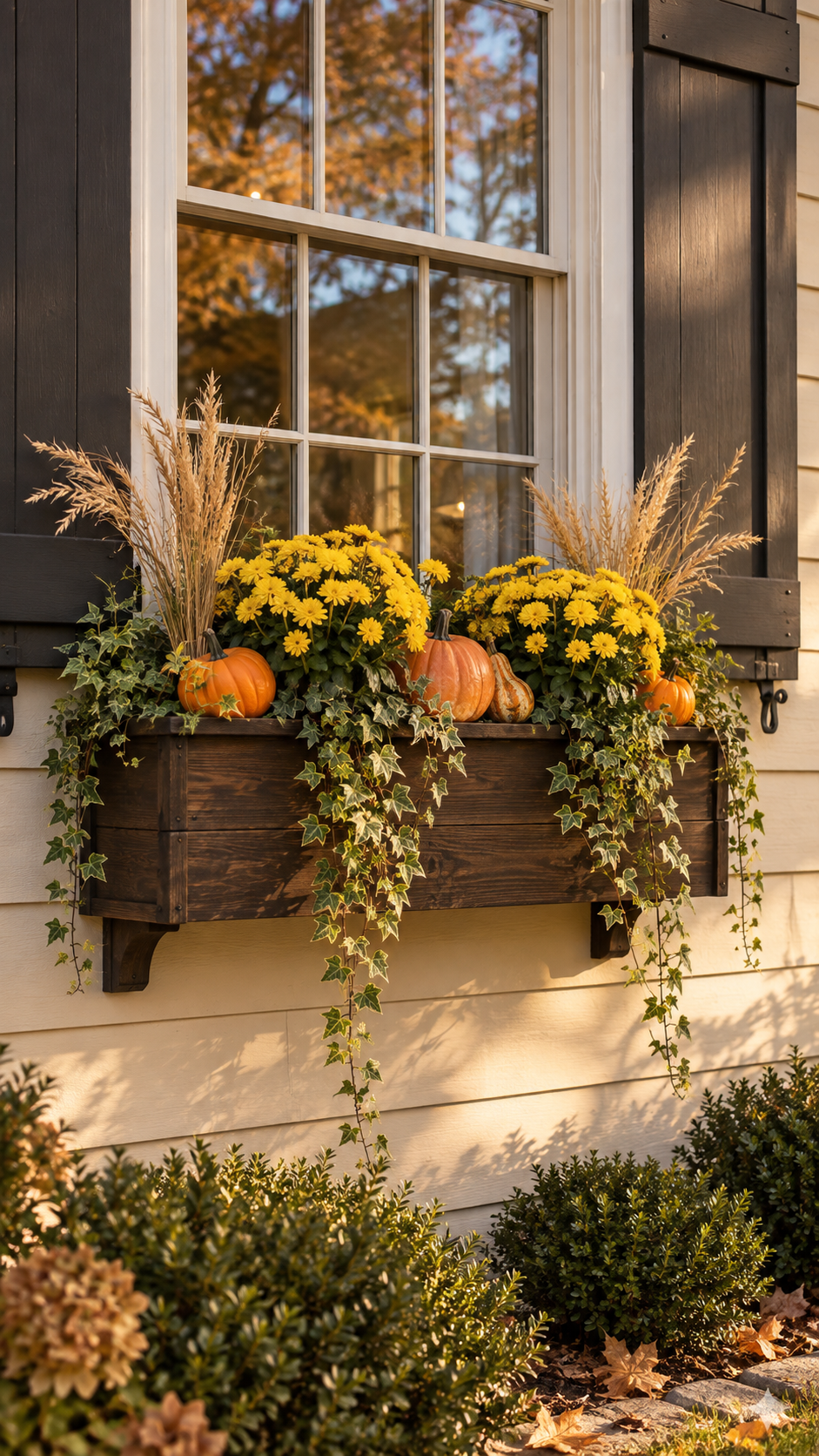 Classic farmhouse fall window box with yellow chrysanthemums, orange pumpkins, striped gourd, dried ornamental grass, trailing ivy, stained wood planter, charcoal shutters, cream siding, and autumn garden