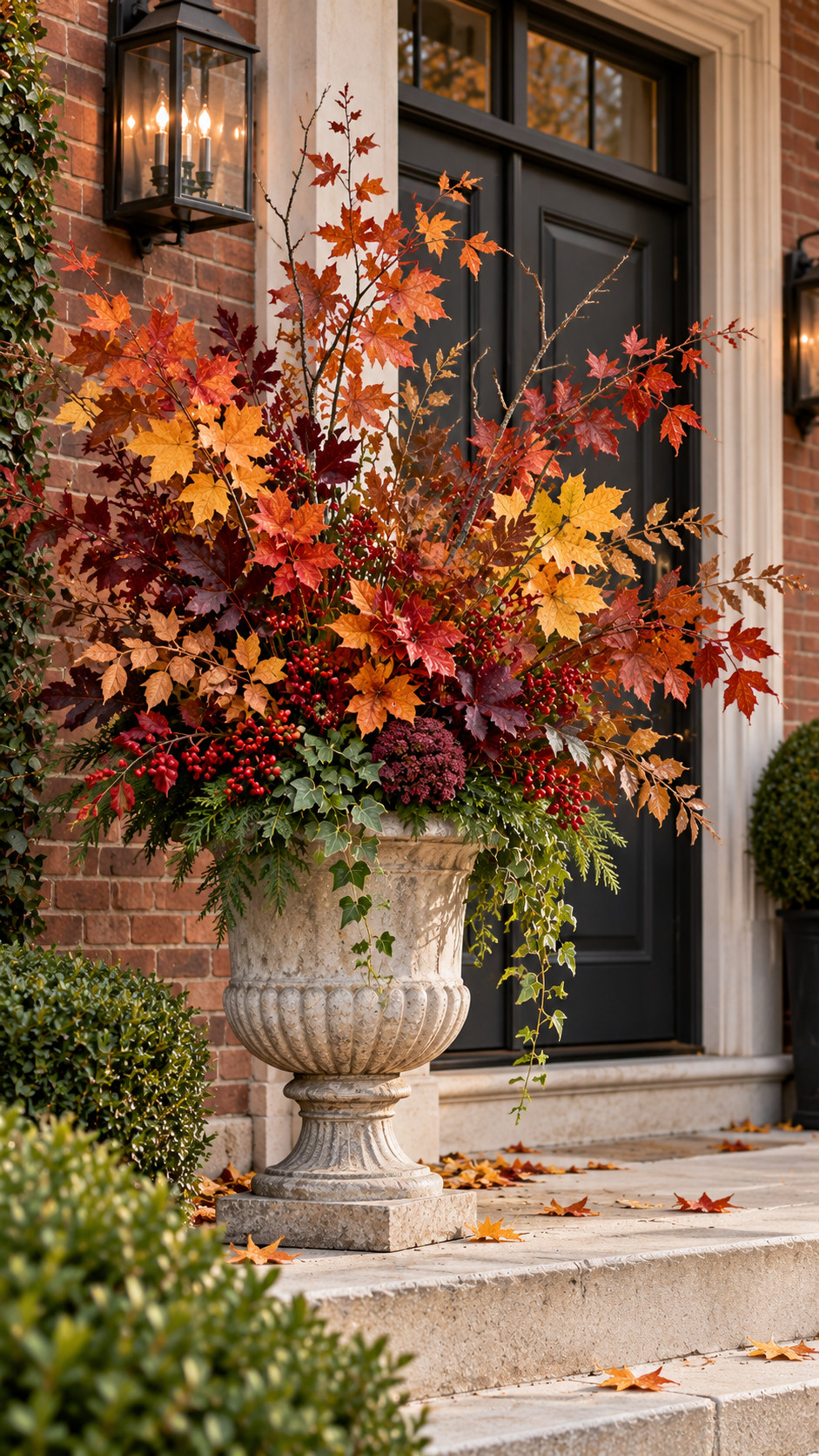 Large fall outdoor planter with classical stone urn, maple leaves, oak leaves, golden foliage, copper branches, red berries, plum flowers, ivy, black front door, brick walls, lanterns, and elegant porch decor