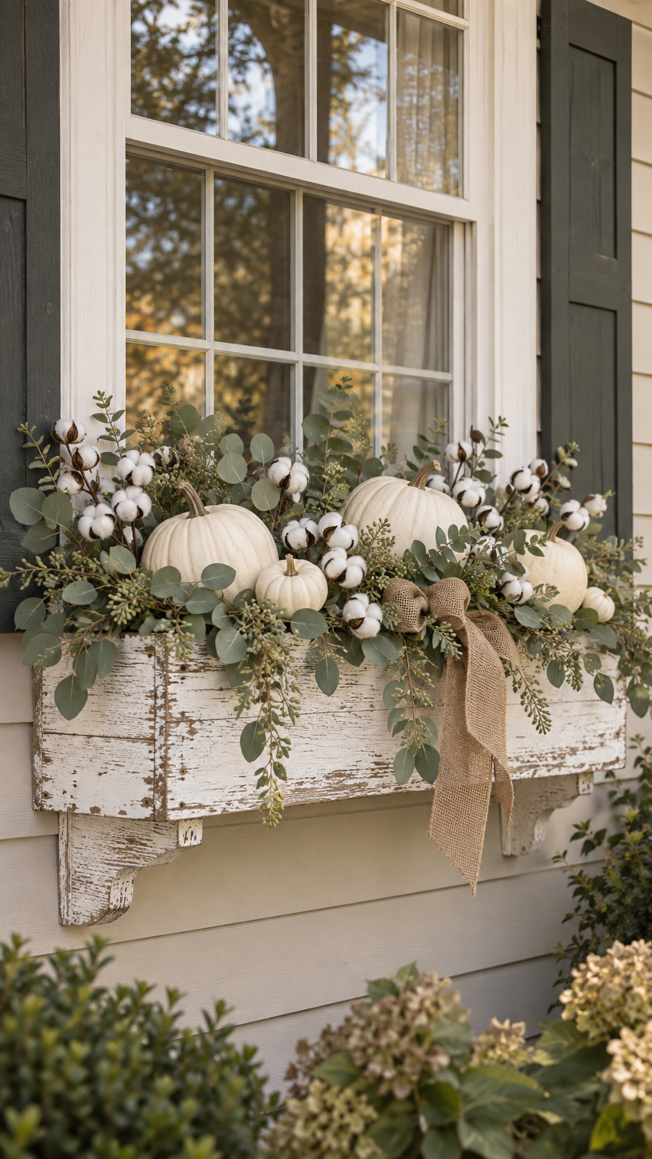 Farmhouse fall window box with distressed white wood planter, white pumpkins, cotton stems, eucalyptus, seeded stems, burlap bow, charcoal shutters, cream siding, and neutral autumn exterior