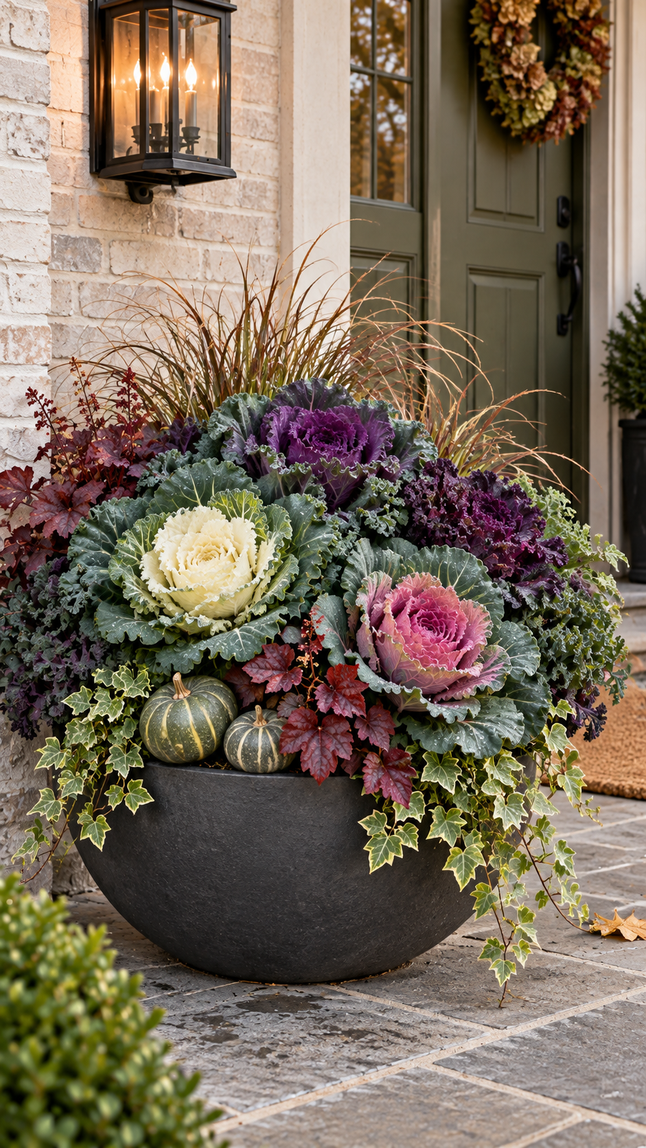 Jewel tone fall outdoor planter with black container, ornamental cabbage, kale, burgundy foliage, bronze grasses, variegated ivy, striped gourds, stone floor, pale brick wall, green door, and autumn wreath