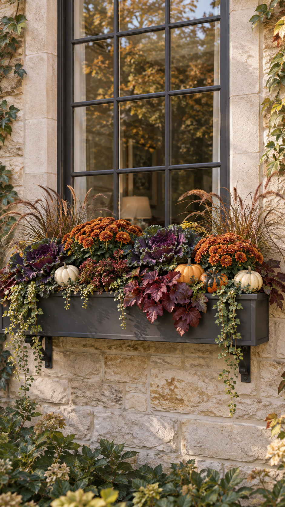 Layered fall window box with orange chrysanthemums, purple ornamental cabbage, pumpkins, gourds, burgundy foliage, copper grasses, trailing greenery, charcoal planter, stone wall, and black framed window