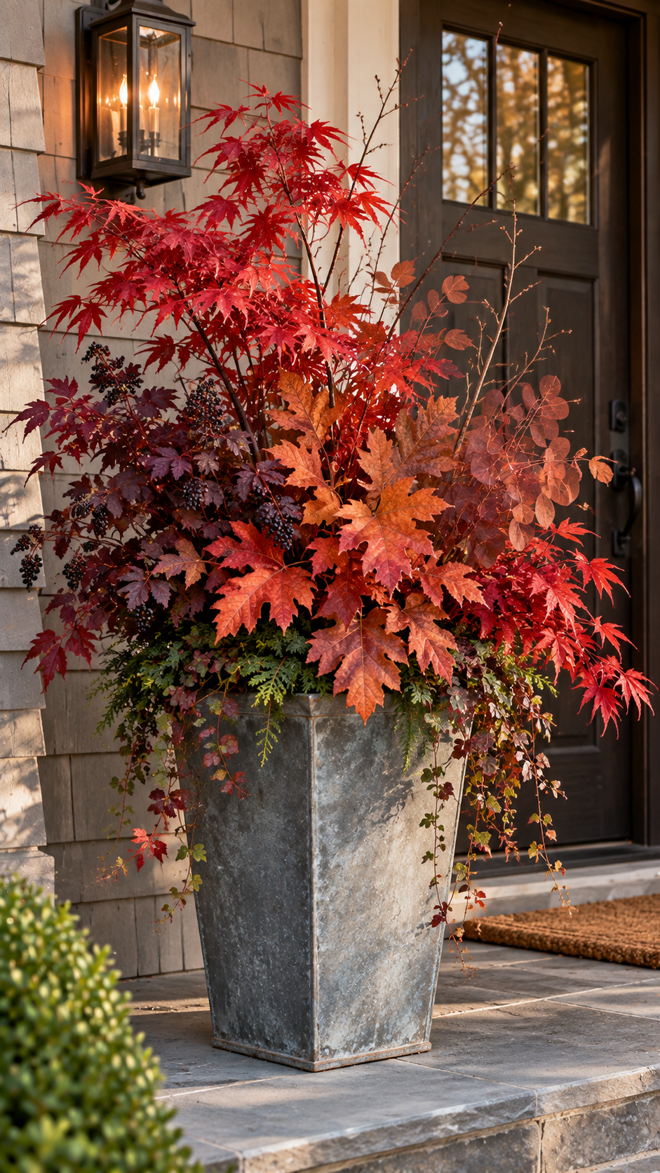 Bold fall outdoor planter with galvanized metal container, red maple branches, copper leaves, burgundy foliage, dark berries, evergreen sprigs, trailing vines, stone porch, dark wood door, and autumn foliage display