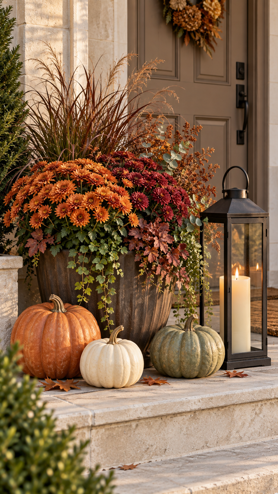 Fall outdoor planter with bronze container, orange chrysanthemums, burgundy mums, ornamental grasses, red berries, eucalyptus, pumpkins, black lantern, taupe door, dried wreath, stone steps, and cozy porch decor