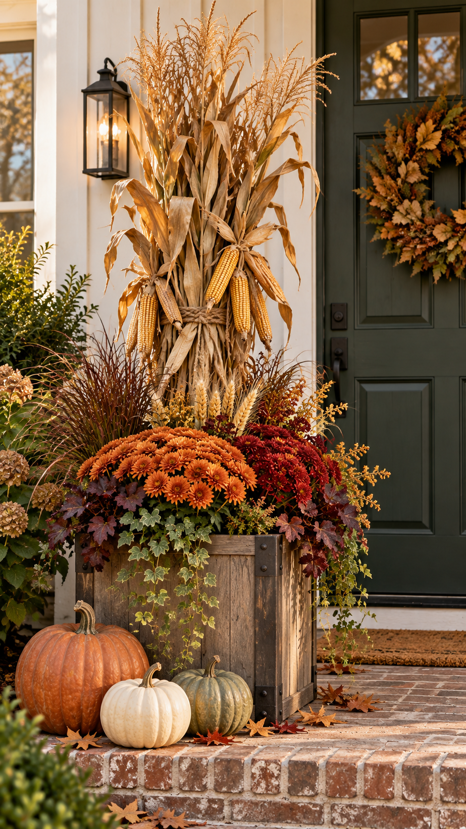 Harvest fall outdoor planter with square wooden box, dried corn stalks, orange chrysanthemums, burgundy flowers, wheat, ornamental grasses, ivy, pumpkins, brick steps, green front door, autumn wreath, and farmhouse styling