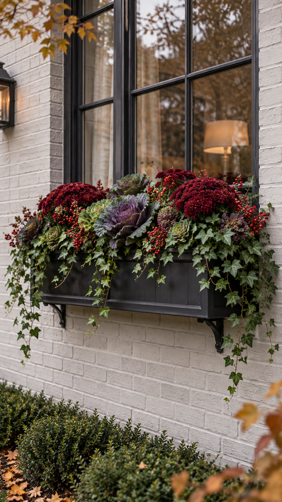 Burgundy fall window box with wine chrysanthemums, ornamental cabbage, red berries, purple flowers, cascading ivy, black wooden planter, white brick wall, black framed windows, and elegant exterior