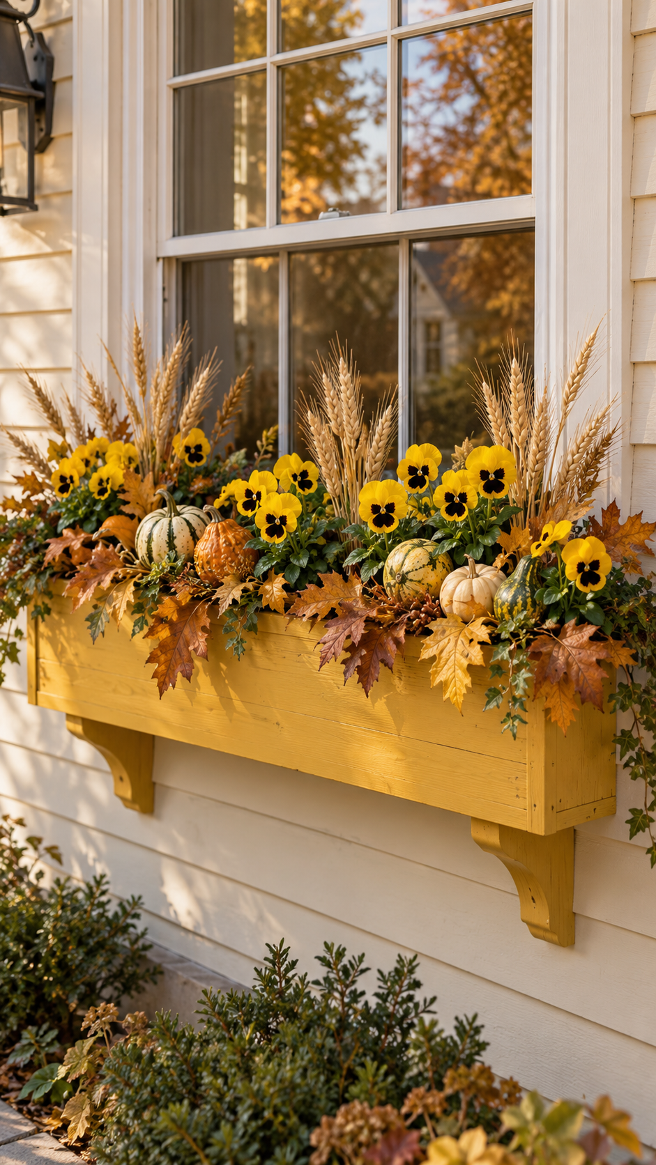 Yellow pansy fall window box with mustard wood planter, wheat bundles, mini pumpkins, gourds, copper oak leaves, trailing ivy, cream siding, white window trim, and farmhouse exterior