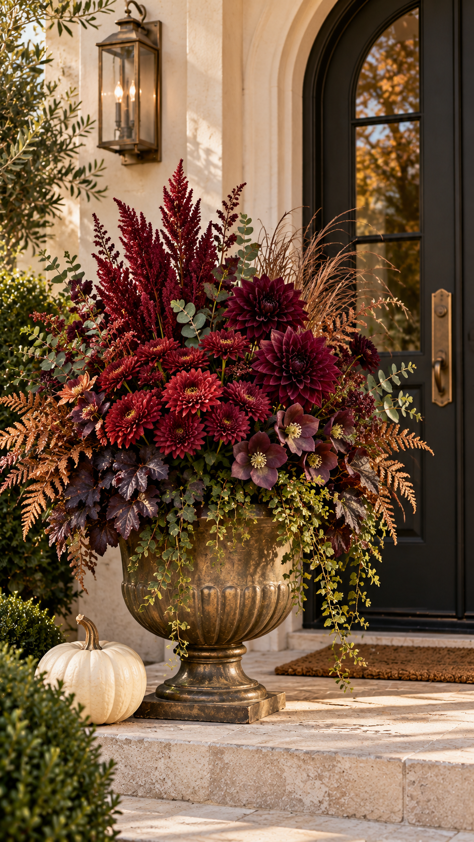 Luxury fall outdoor planter with bronze urn, burgundy dahlias, red chrysanthemums, crimson plumes, copper ferns, ornamental grasses, plum foliage, eucalyptus, trailing vines, ivory pumpkin, black arched door, and elegant entrance