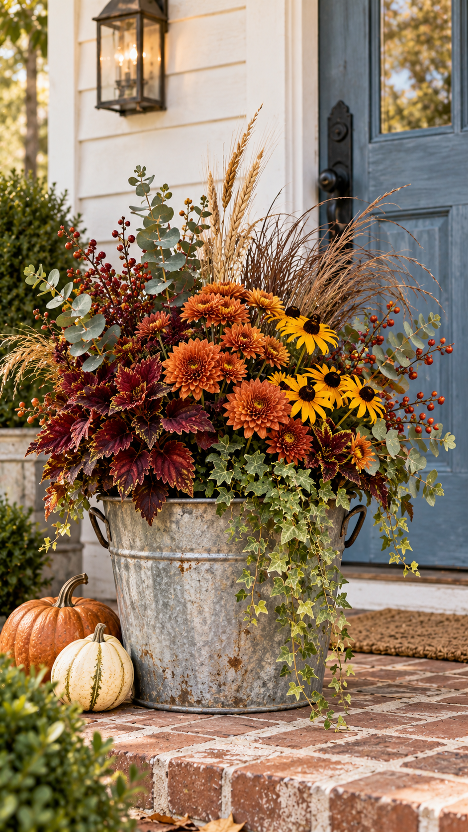 Farmhouse fall outdoor planter with galvanized bucket, yellow black eyed Susans, burnt orange chrysanthemums, burgundy coleus, eucalyptus, red berries, wheat, ornamental grass, ivy, pumpkins, brick porch, and blue door