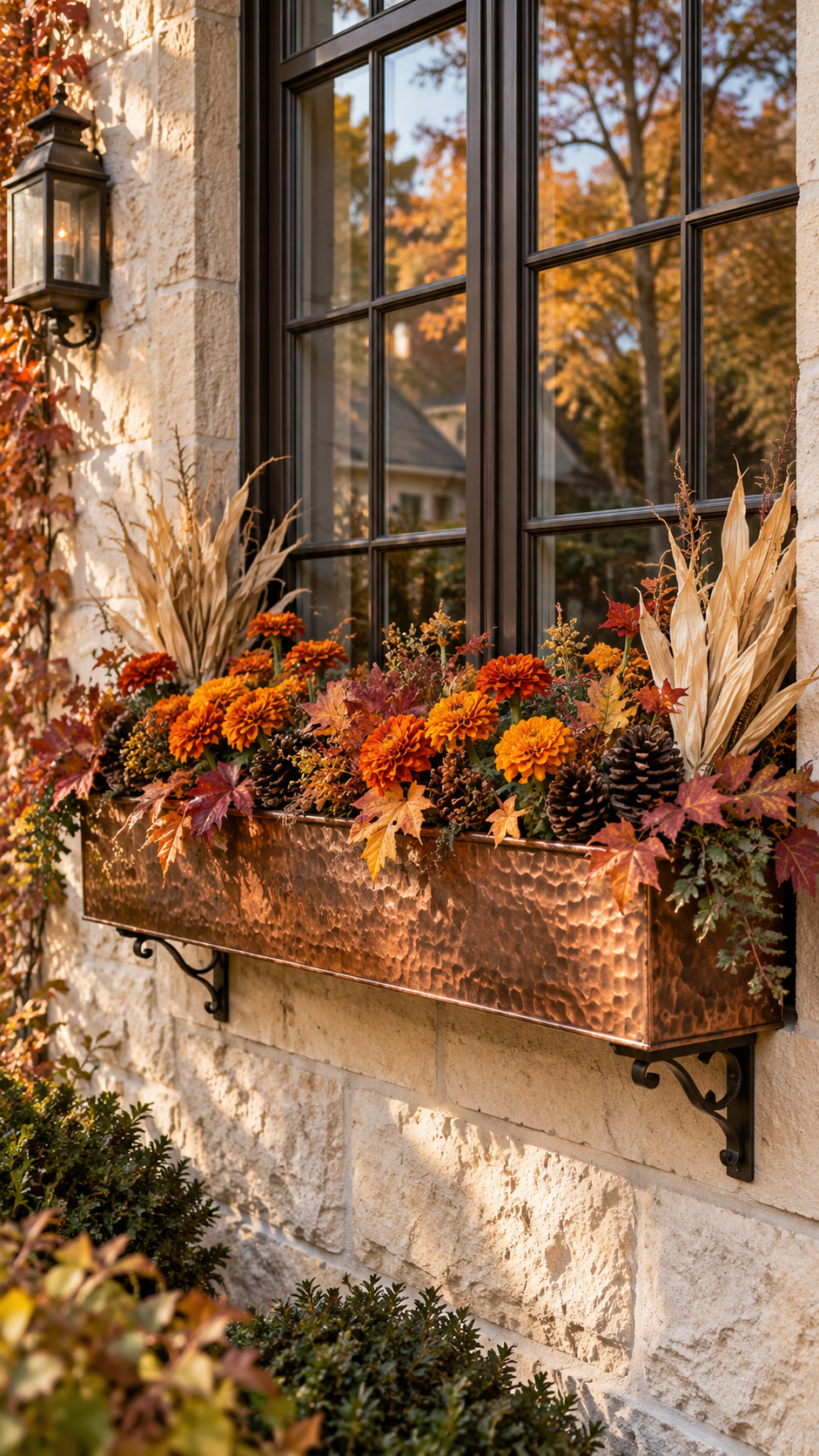 Copper fall window box with orange chrysanthemums, dried corn husks, pinecones, burgundy maple leaves, golden foliage, dried flowers, trailing greenery, hammered copper planter, wrought iron brackets, and stone exterior