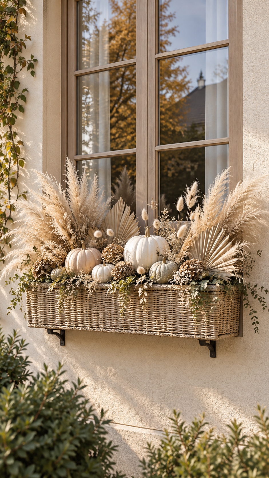 Neutral boho fall window box with wicker basket, white pumpkins, blush pumpkins, sage pumpkins, pampas grass, dried palm leaves, bunny tails, hydrangeas, seed stems, and trailing greenery