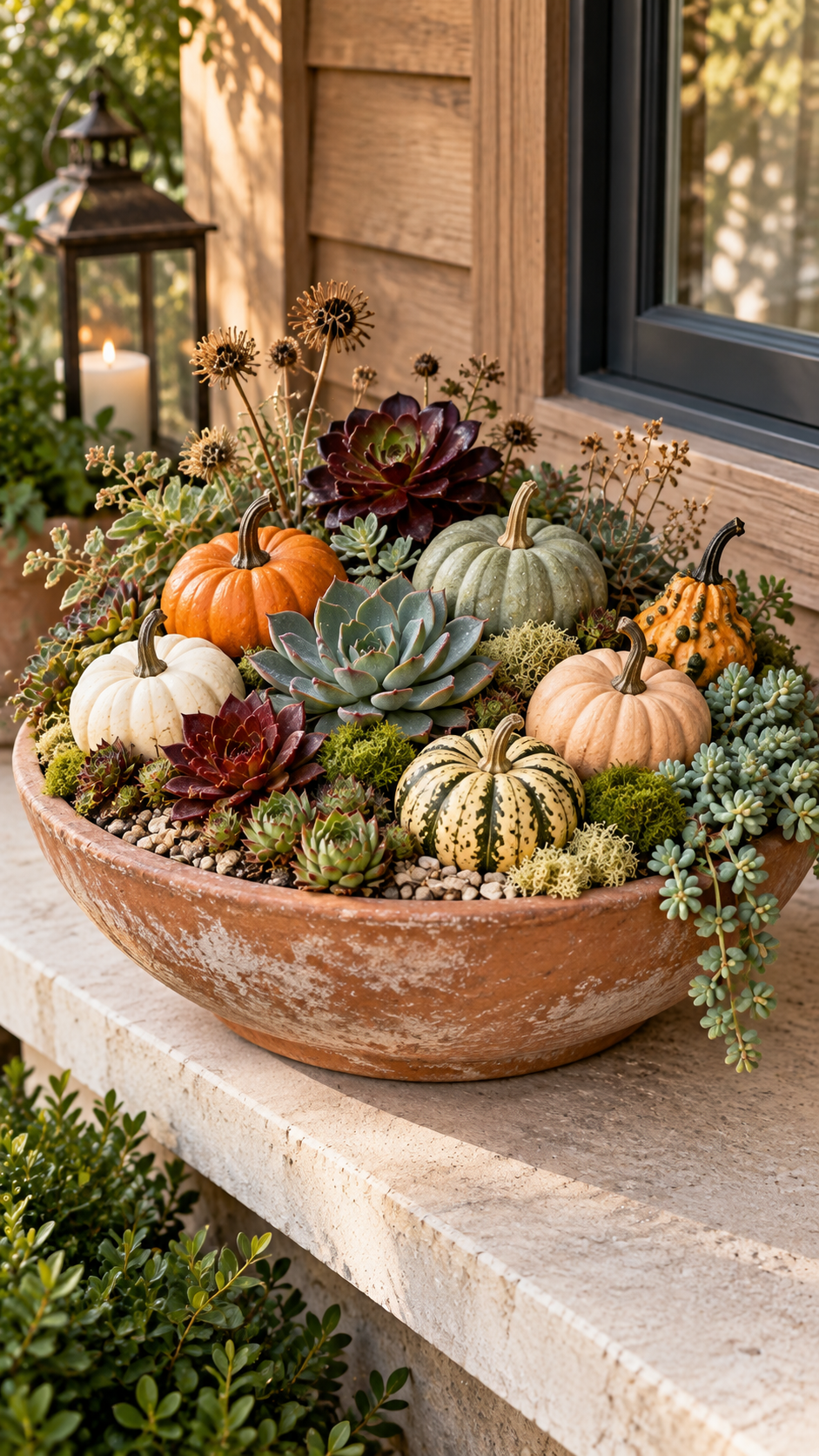 Succulent fall outdoor planter with shallow terracotta bowl, mini pumpkins, gourds, rosette succulents, moss, pebbles, dried flowers, trailing succulents, black window, and rustic porch styling