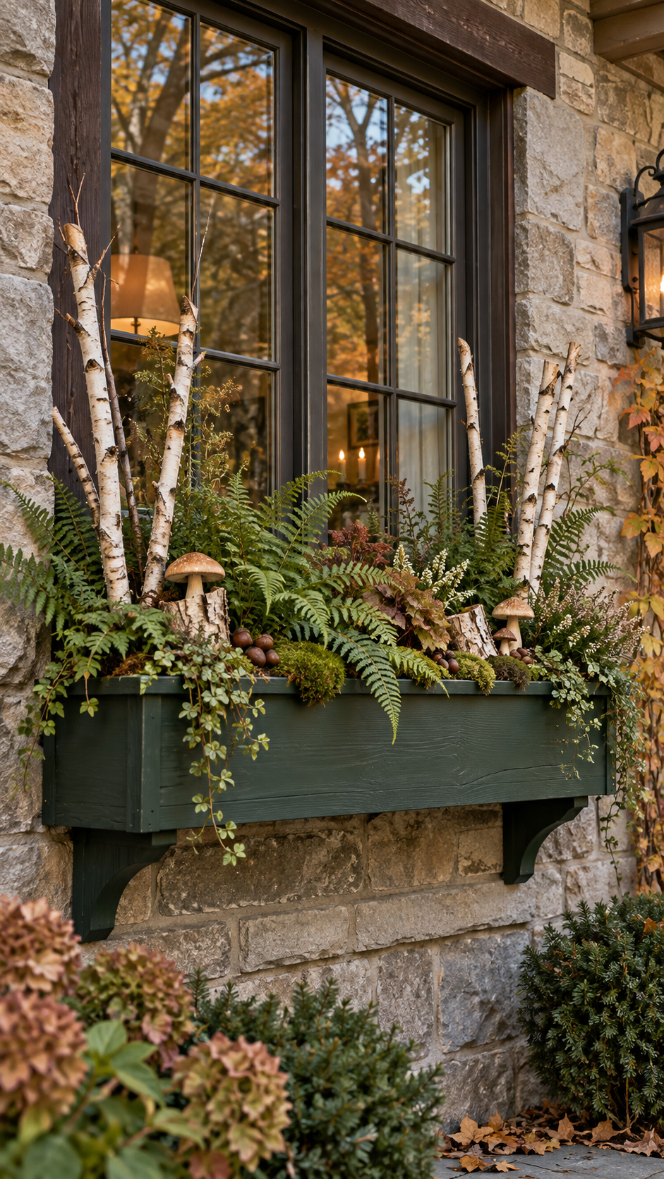 Woodland fall window box with birch branches, ferns, moss, mushrooms, cut birch logs, acorns, white heather, burgundy foliage, forest green planter, stone wall, and rustic window