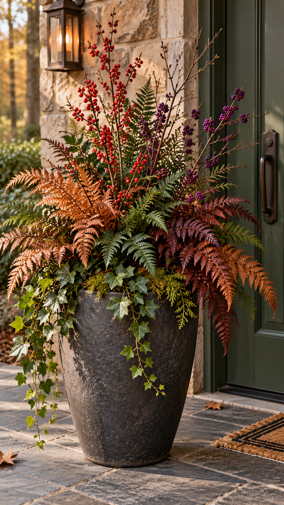 Fall outdoor planter with tall black container, copper ferns, rust foliage, burgundy leaves, red berries, purple berries, bare branches, trailing ivy, green front door, stone wall, and autumn entrance