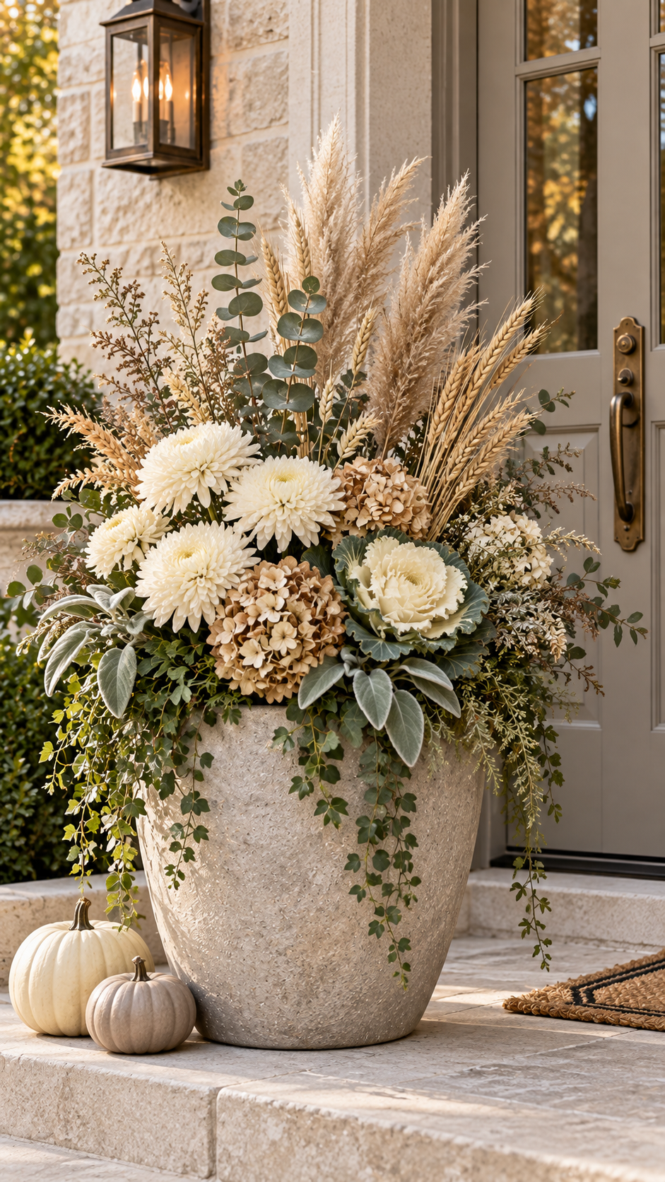 Neutral fall outdoor planter with rounded stone pot, white chrysanthemums, dried hydrangeas, ornamental cabbage, lambs ear, eucalyptus, pampas grass, wheat, ivory pumpkins, taupe pumpkins, and soft gray door