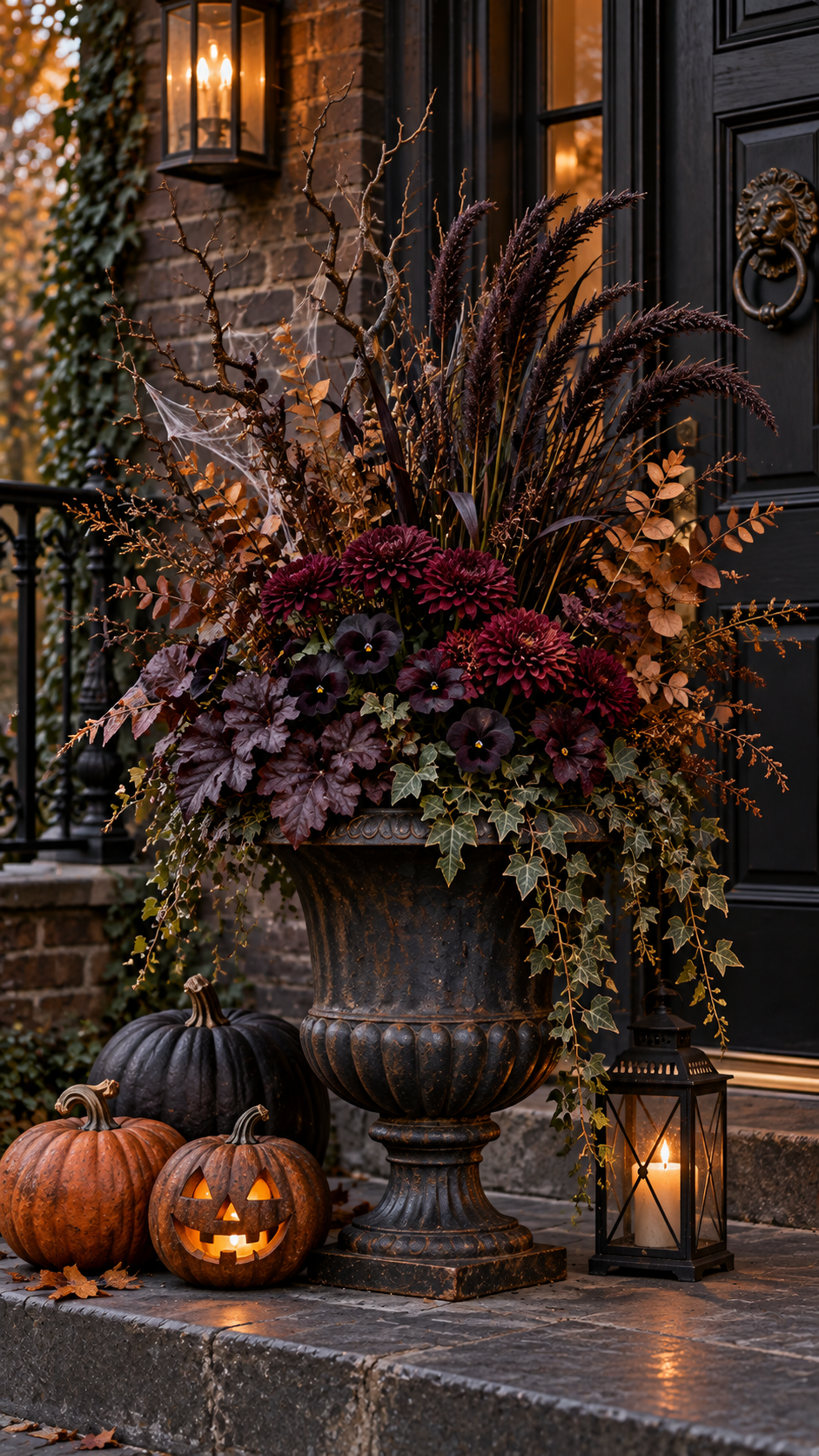Moody fall outdoor planter with black urn, burgundy chrysanthemums, dark pansies, plum foliage, bronze eucalyptus, cobweb branches, pumpkins, jack-o-lantern, black lantern, and gothic autumn porch