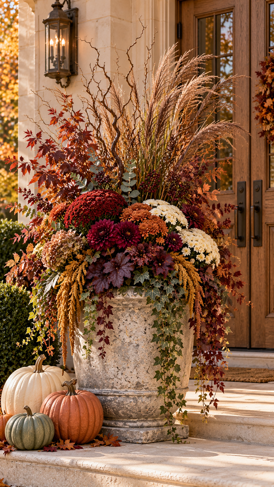 Fall outdoor planter ideas with weathered stone urn, burgundy dahlias, rust chrysanthemums, white mums, eucalyptus, ivy, tall grasses, branches, pumpkins, wooden doors, and elegant front entrance