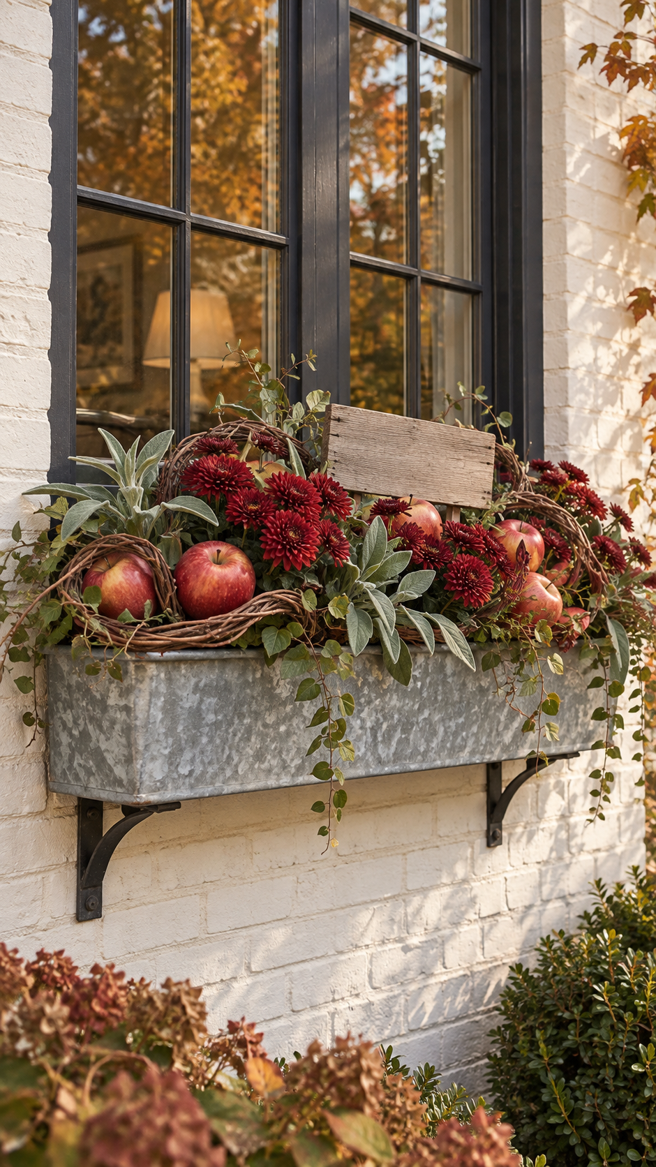 Apple harvest fall window box with galvanized planter, burgundy chrysanthemums, red apples, grapevine loops, sage leaves, trailing vines, wooden sign, black window frames, and white brick wall