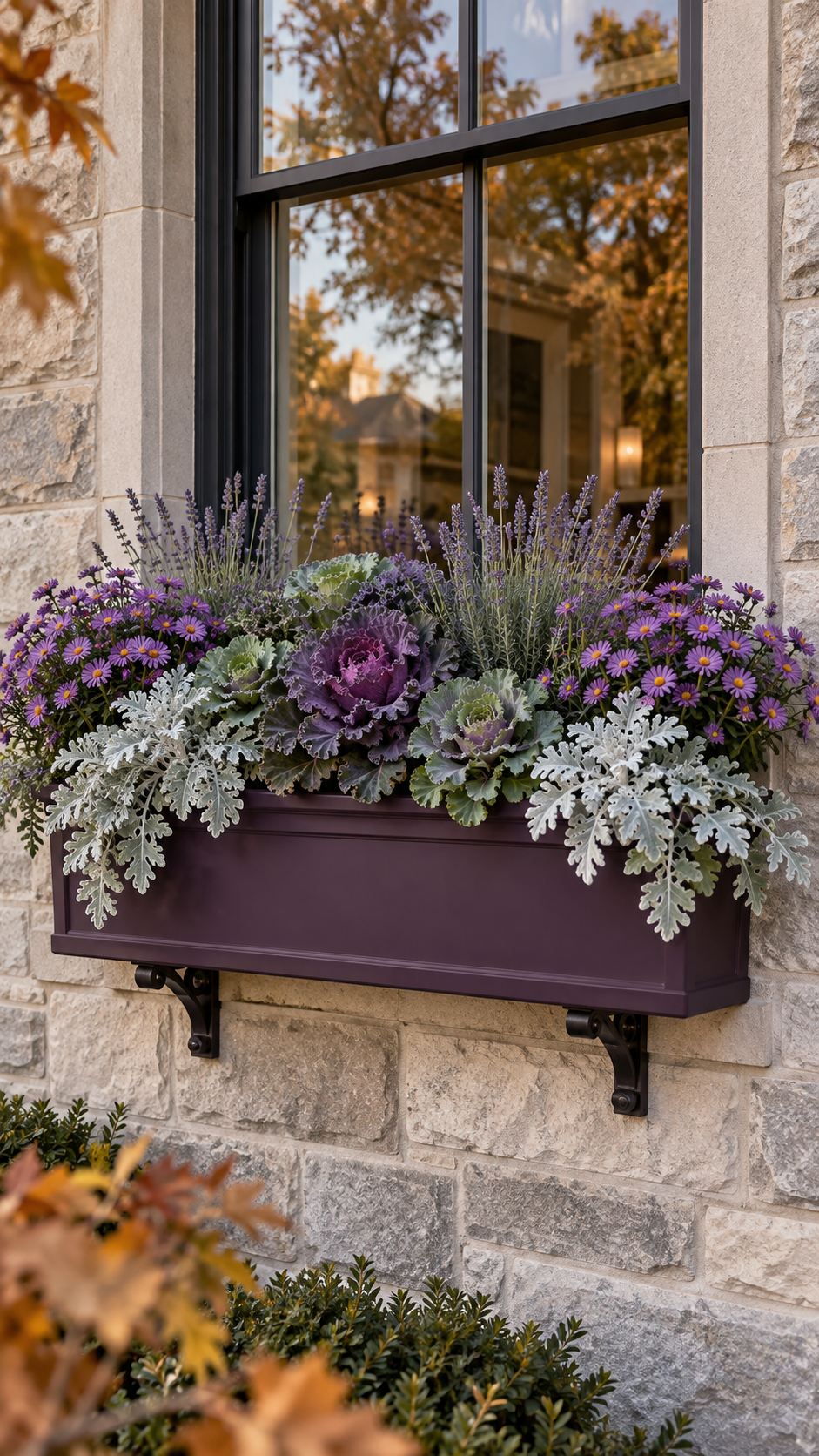Purple fall window box with ornamental cabbage, violet asters, lavender stems, dusty miller, plum planter, black brackets, stone wall, black framed window, and modern autumn exterior