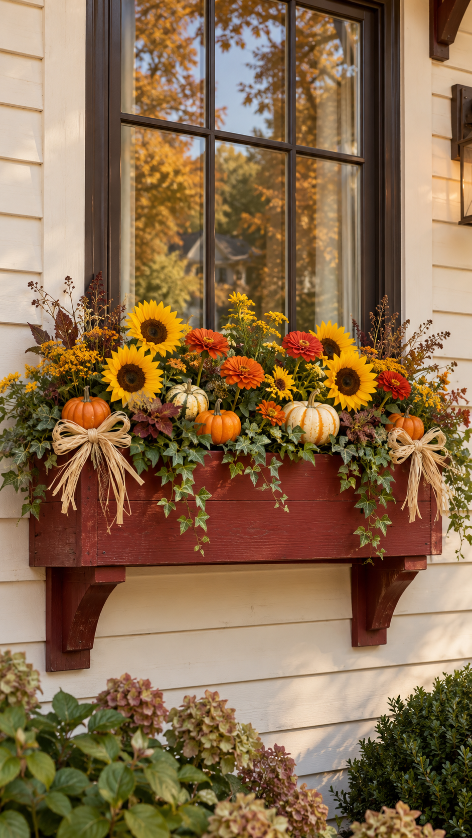 Sunflower fall window box with yellow sunflowers, orange zinnias, mini pumpkins, striped gourds, burgundy foliage, dried stems, trailing ivy, raffia bows, red wooden planter, and farmhouse siding