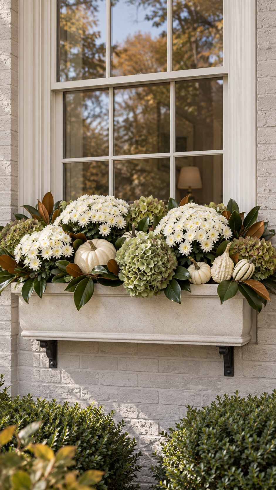 Elegant neutral fall window box with white chrysanthemums, dried hydrangeas, cream pumpkins, white gourd, magnolia leaves, stone planter, white brick wall, black brackets, and classic exterior