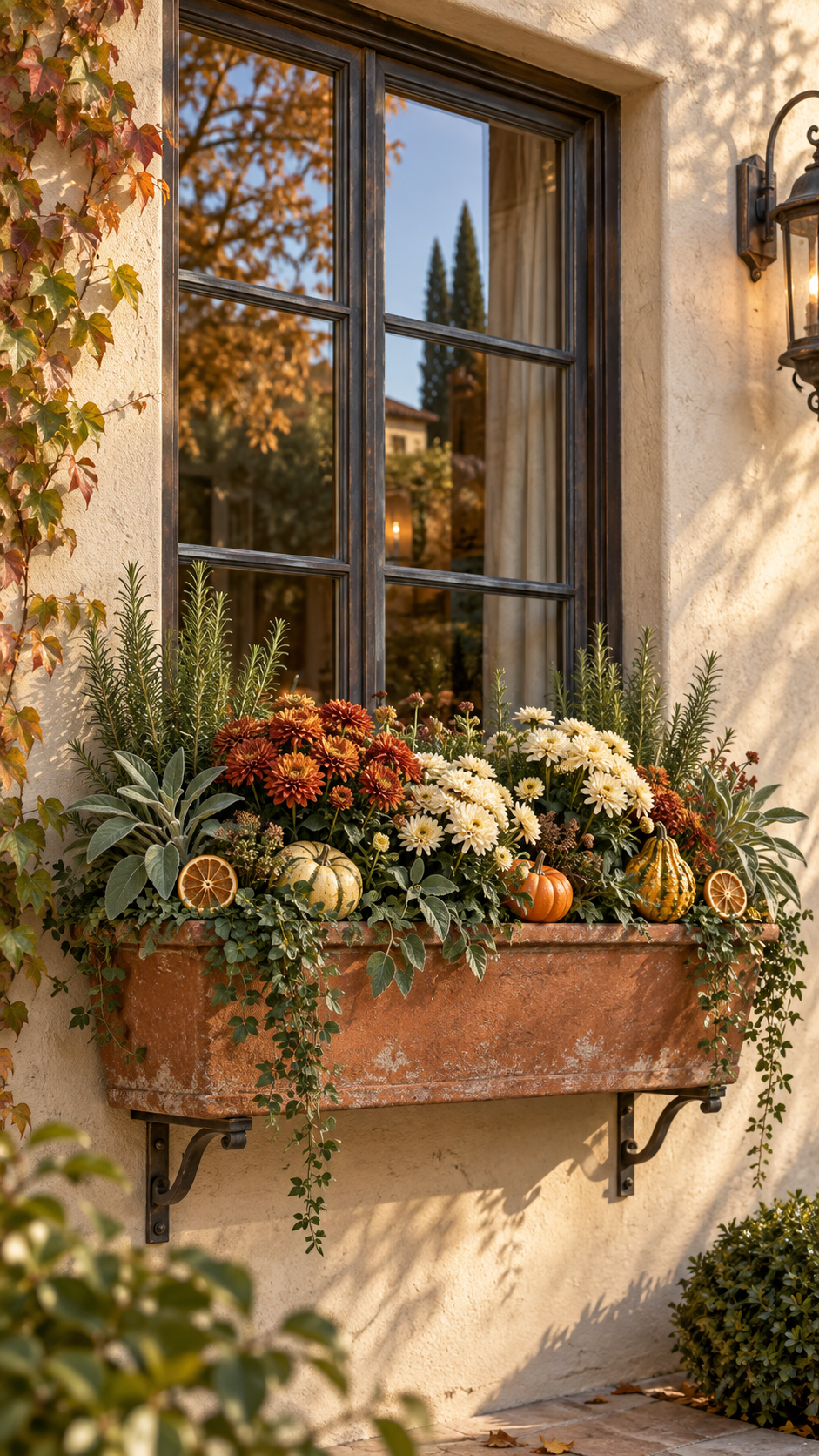 Mediterranean fall window box with terracotta planter, rust chrysanthemums, white daisies, rosemary, sage, mini pumpkins, striped gourds, dried citrus slices, trailing greenery, ivy, and cream stucco wall