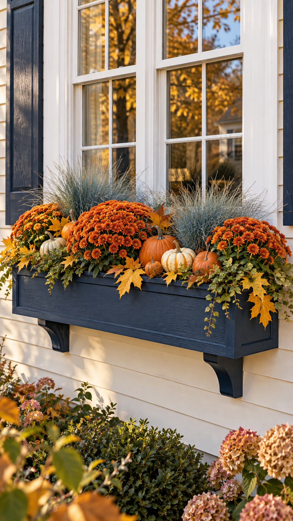 Classic fall window box with orange mums, pumpkins, striped gourds, ornamental grasses, golden leaves, trailing greenery, navy blue wooden planter, matching shutters, and cream siding
