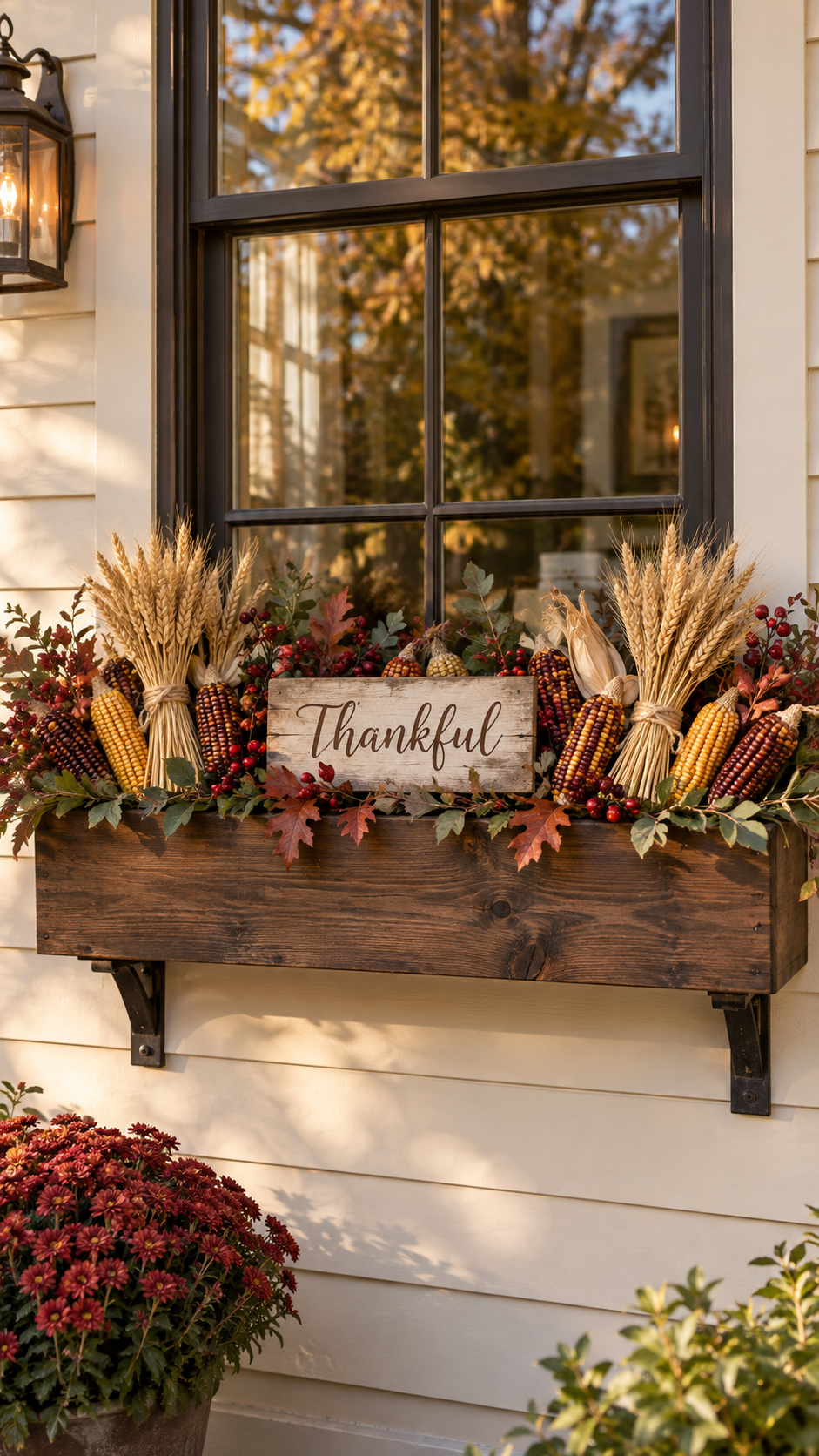 Thanksgiving fall window box with wheat bundles, ornamental corn, red berries, dried husks, pinecones, oak leaves, Thankful sign, dark wooden planter, black window frame, and cream siding