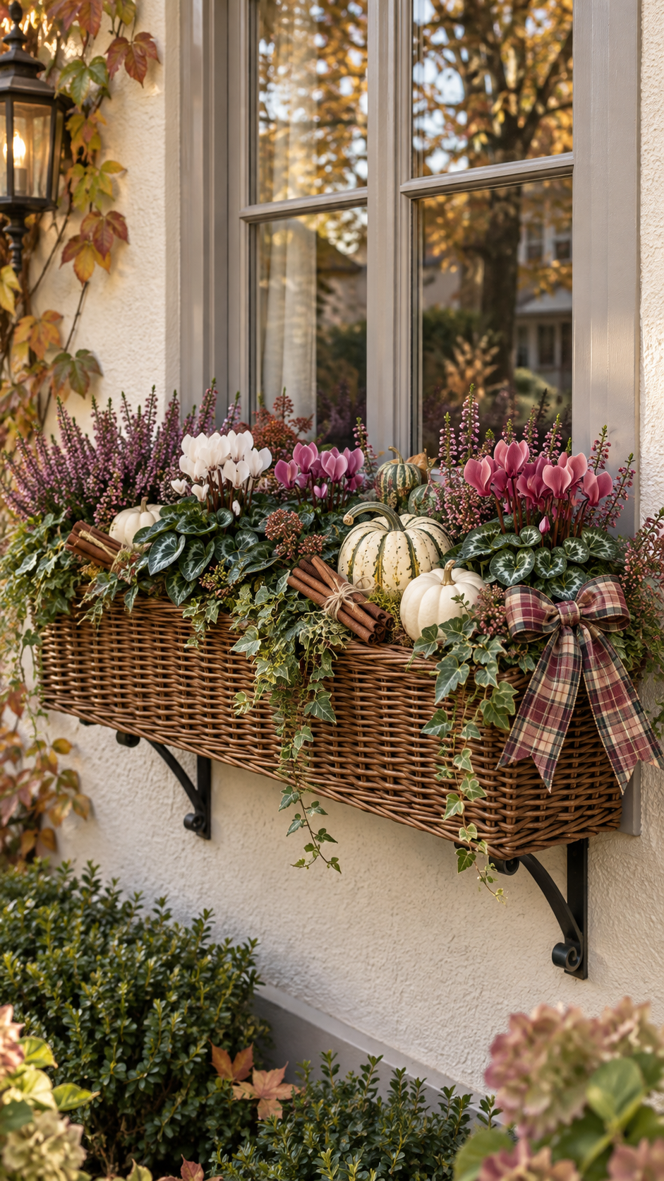 Cottage fall window box in wicker basket with cyclamen, heather, mini white pumpkins, striped gourds, cinnamon sticks, plaid bow, trailing ivy, lantern, and cream stucco exterior